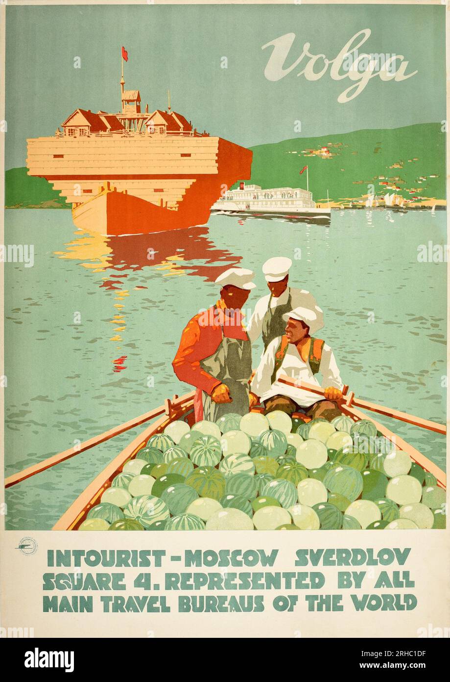 Altes Sowjetisches Intouristenposter Volga River Ft. Wassermelonenboot - 1930er Uhr Stockfoto