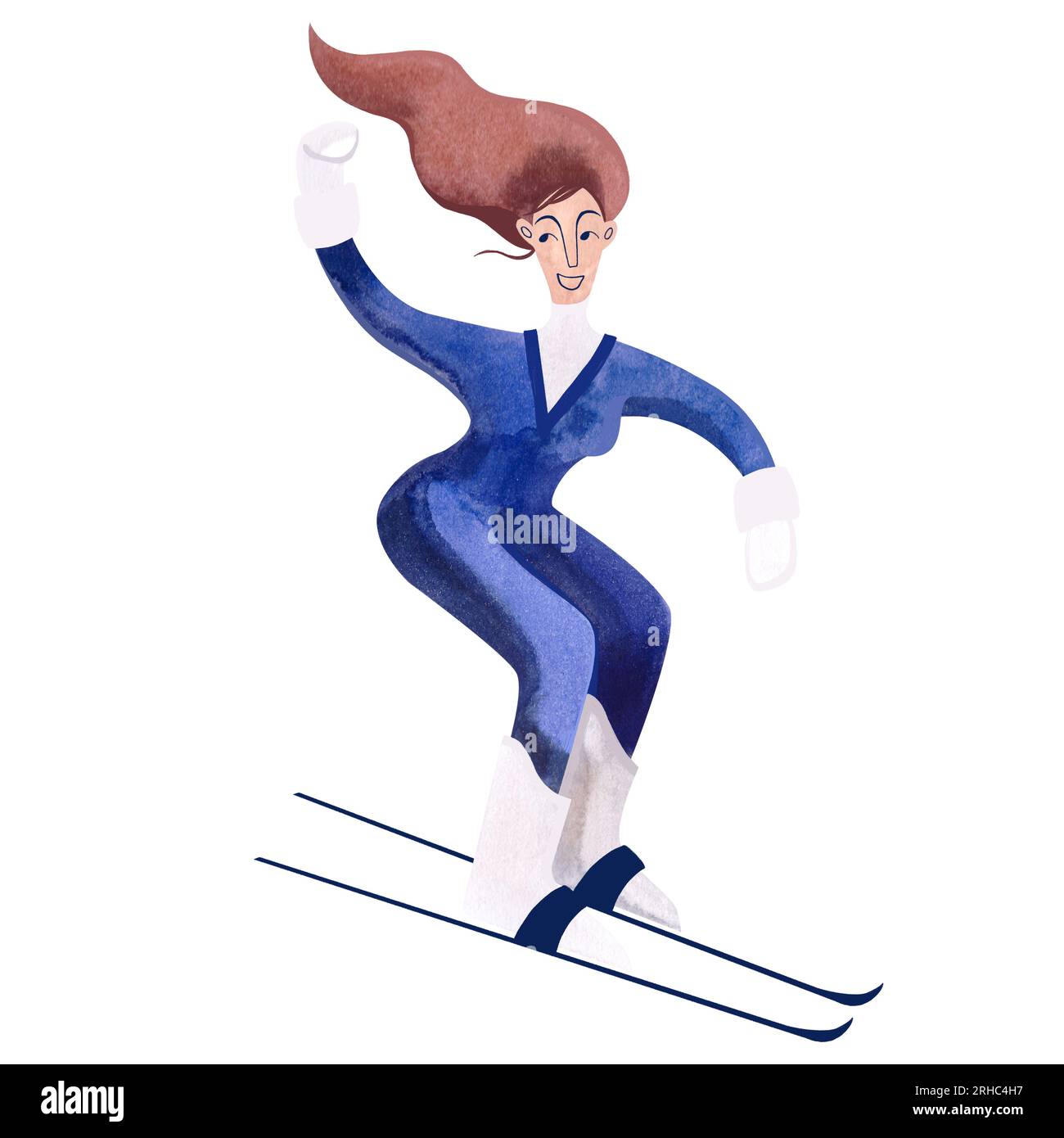 Skifahrer in Wasserfarben in blauem Pullover. Einsame Winterdarstellung. Sport. Clipart (Clipart). Rasterdarstellung für Resort und Stockfoto