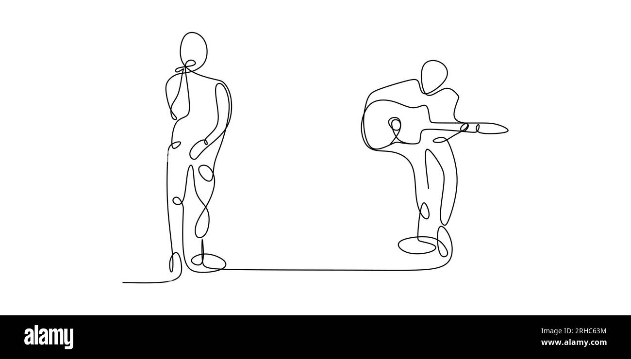 Fortlaufendes Zeichnen einer Person, die Gitarre spielt und ein Mann, der ein Lied singt Stock Vektor
