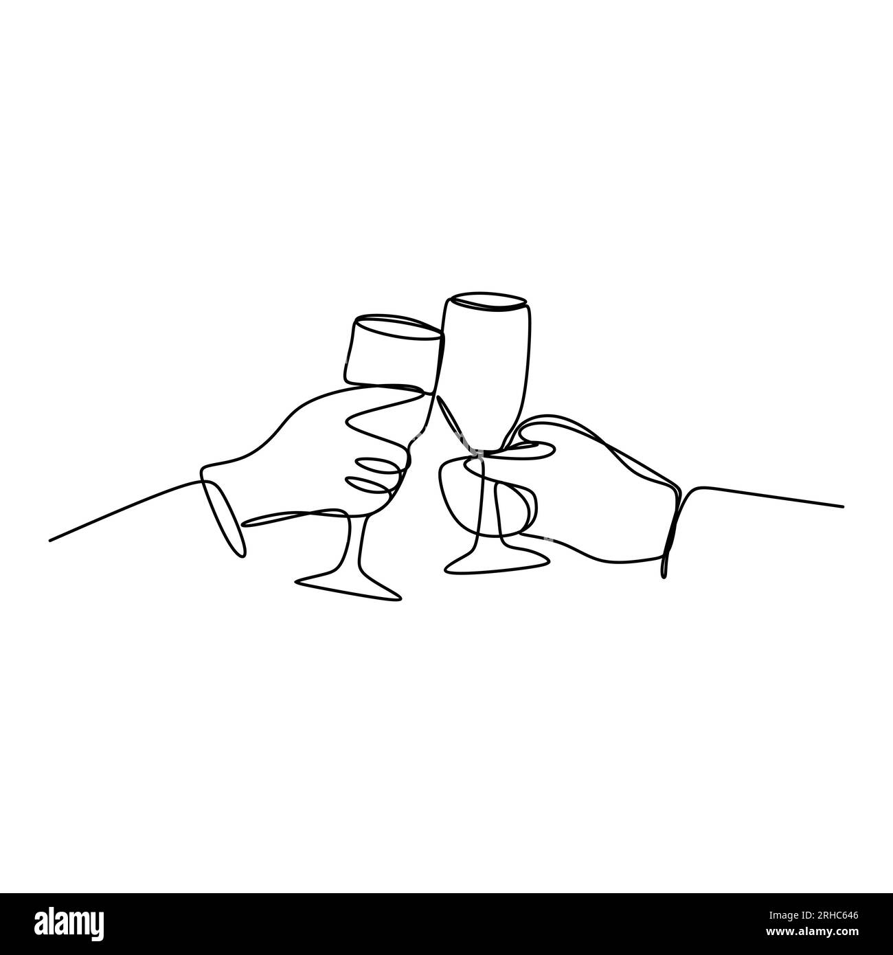 Eine Strichzeichnung von Cheers, die Freunde mit einem Bourbon-Wein-Drink in der Party-Nacht nach-der-Arbeit-Vektorzeichnung umarmt. Stock Vektor