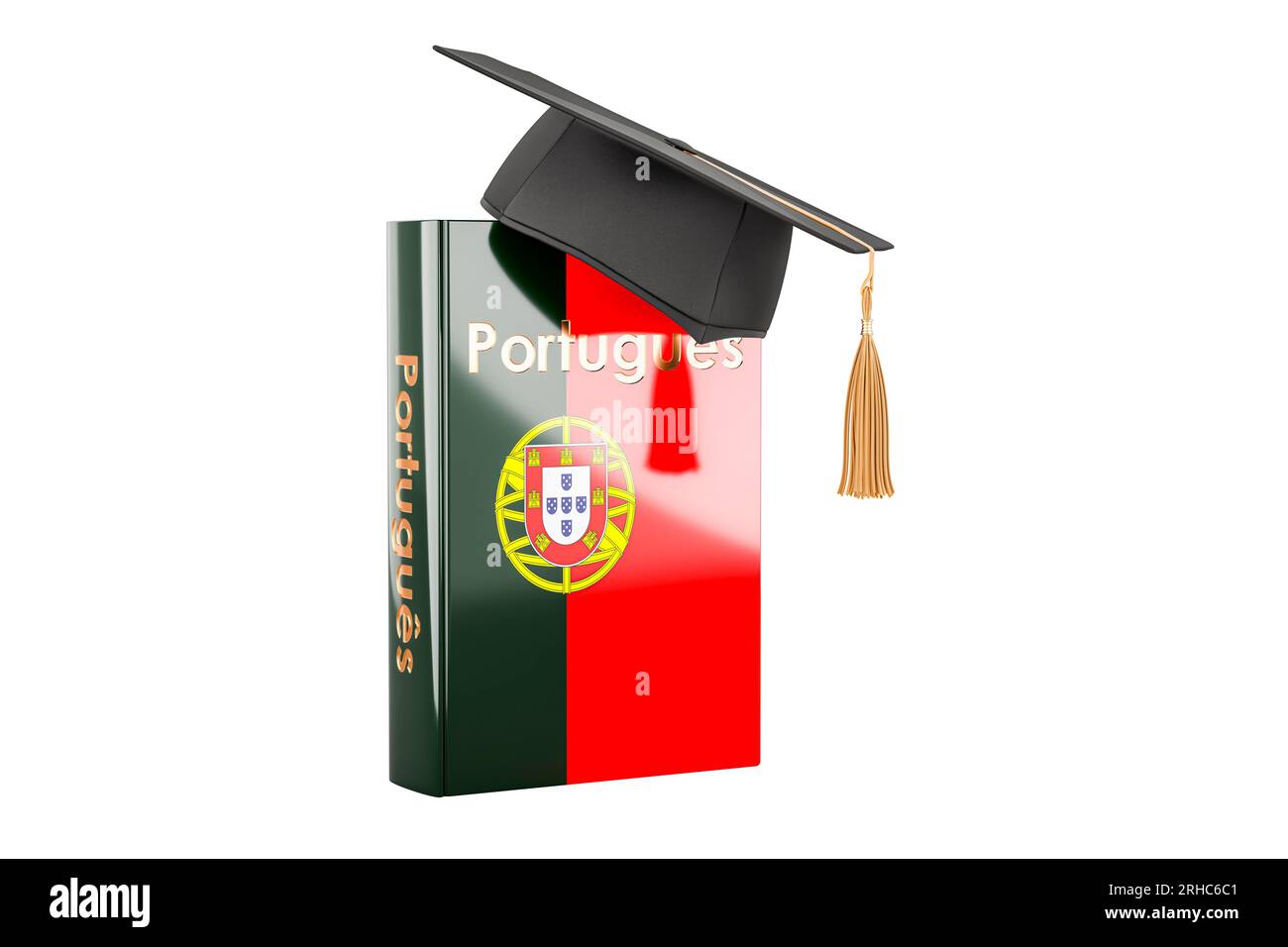 Portugiesisches Lehrbuch mit Graduierungsoberteil. Lernen Sie Portugiesisch, Kurse. 3D-Rendering isoliert auf weißem Hintergrund Stockfoto