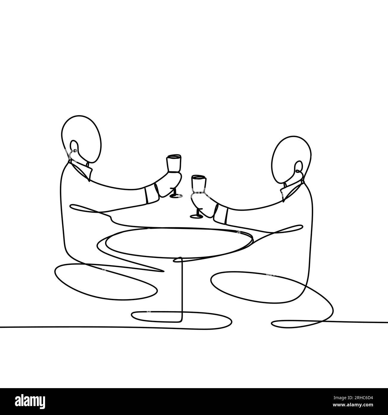 Eine Strichzeichnung von Cheers, die zwei Personen mit Bourbon-Wein-Getränk in der Party-Nacht nach der Arbeit umklappert, Vektordarstellung. Stock Vektor