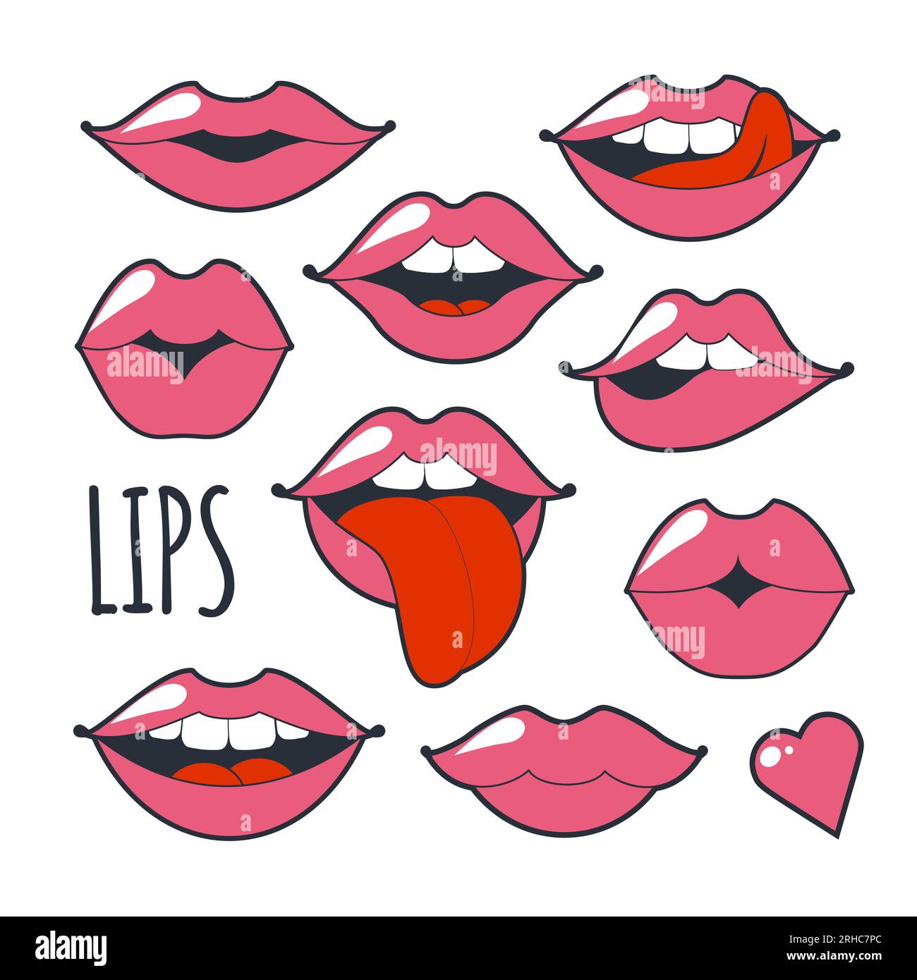 Set glamourös schrulligen Symbole. Leuchtend rosa Make-up kiss Mark. Leidenschaftlich Lippen im Cartoon Stil der 80er und 90er Jahre isoliert auf weißem Hintergrund. Mode Stock Vektor