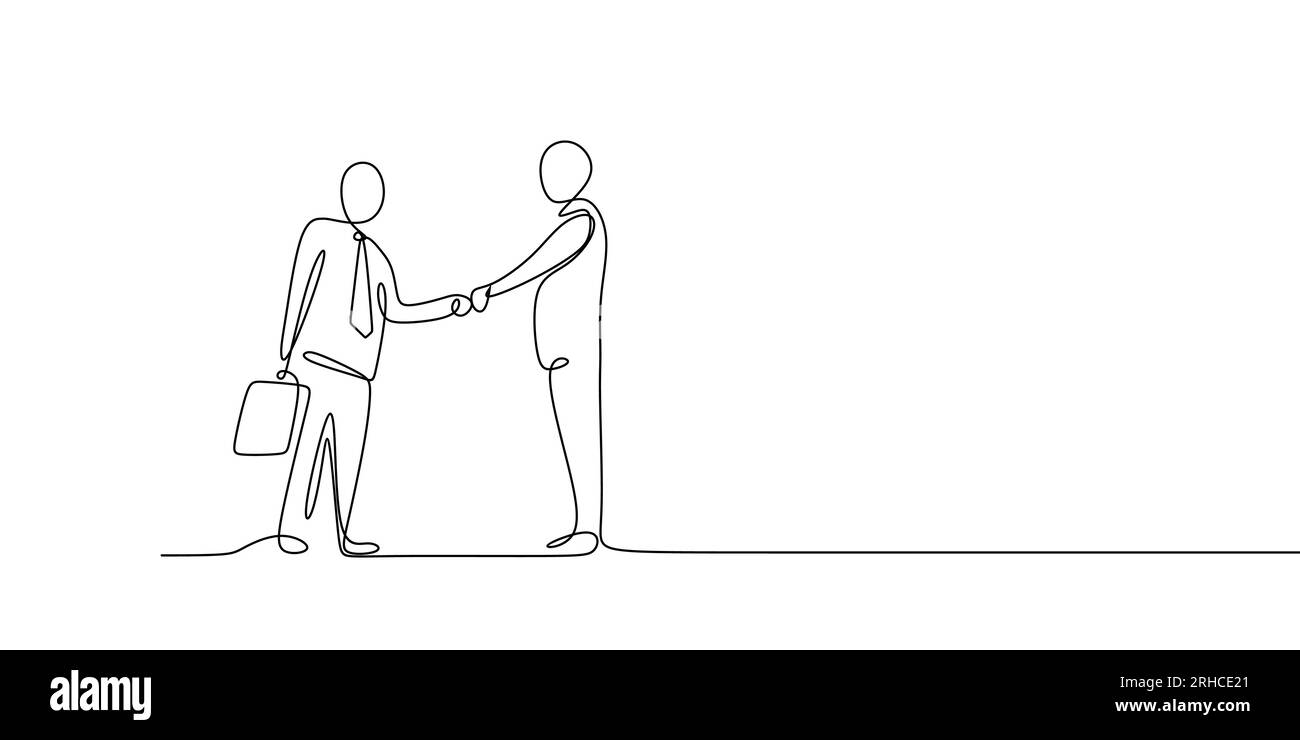 Business Meeting-Konzept. Fortlaufende Strichkunstzeichnung von Menschen-Community mit Vektordarstellung durch Händeschütteln. Stock Vektor