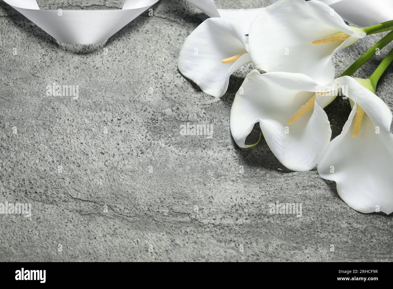 Schöne Calla-Lilie-Blumen und weißes Band auf grauem Tisch, Platz für Text. Beerdigungssymbole Stockfoto