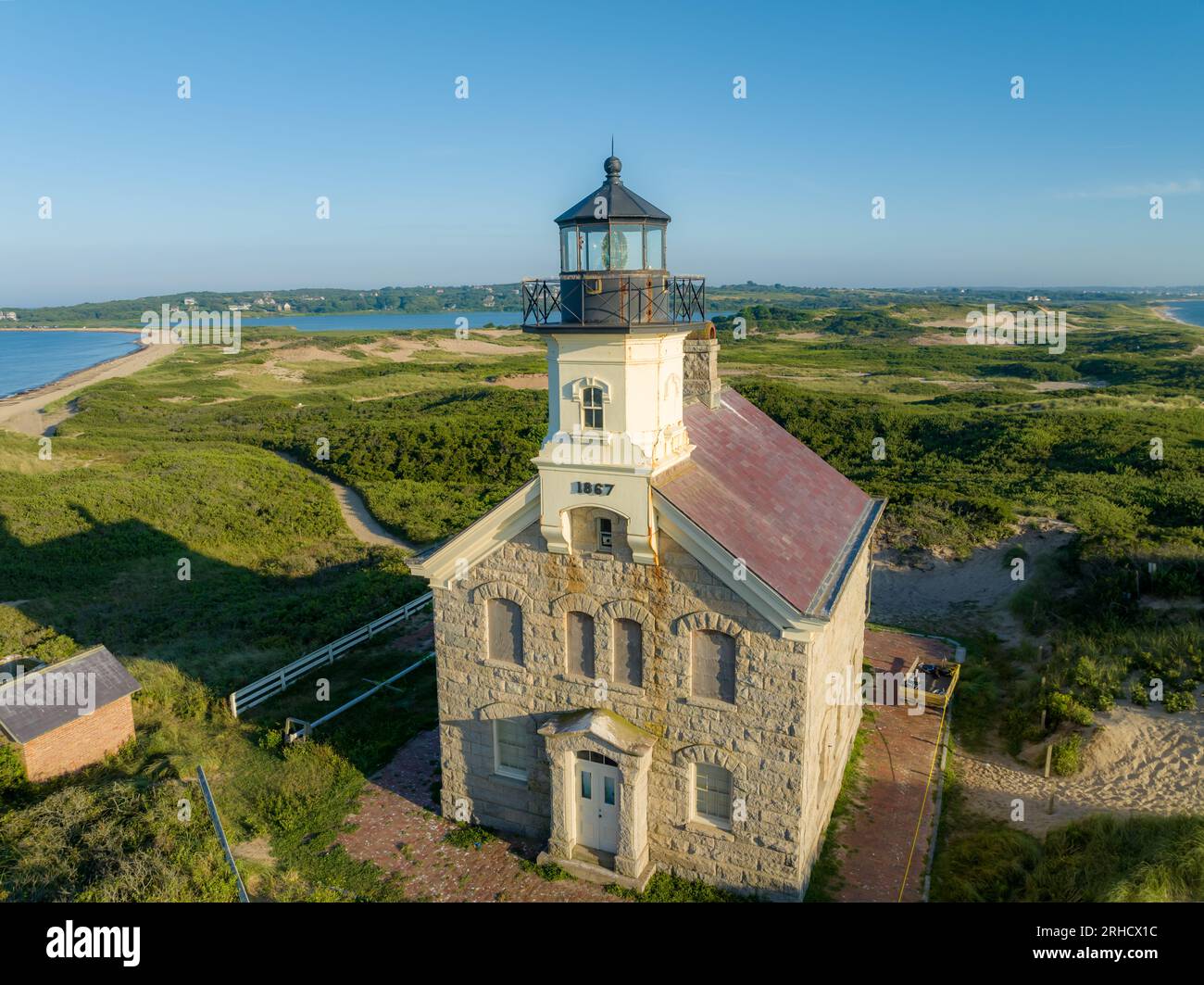 Sommerfoto am späten Nachmittag des North Lighthouse, New Shoreham, Block Island, Rhode Island. August 2023 Stockfoto