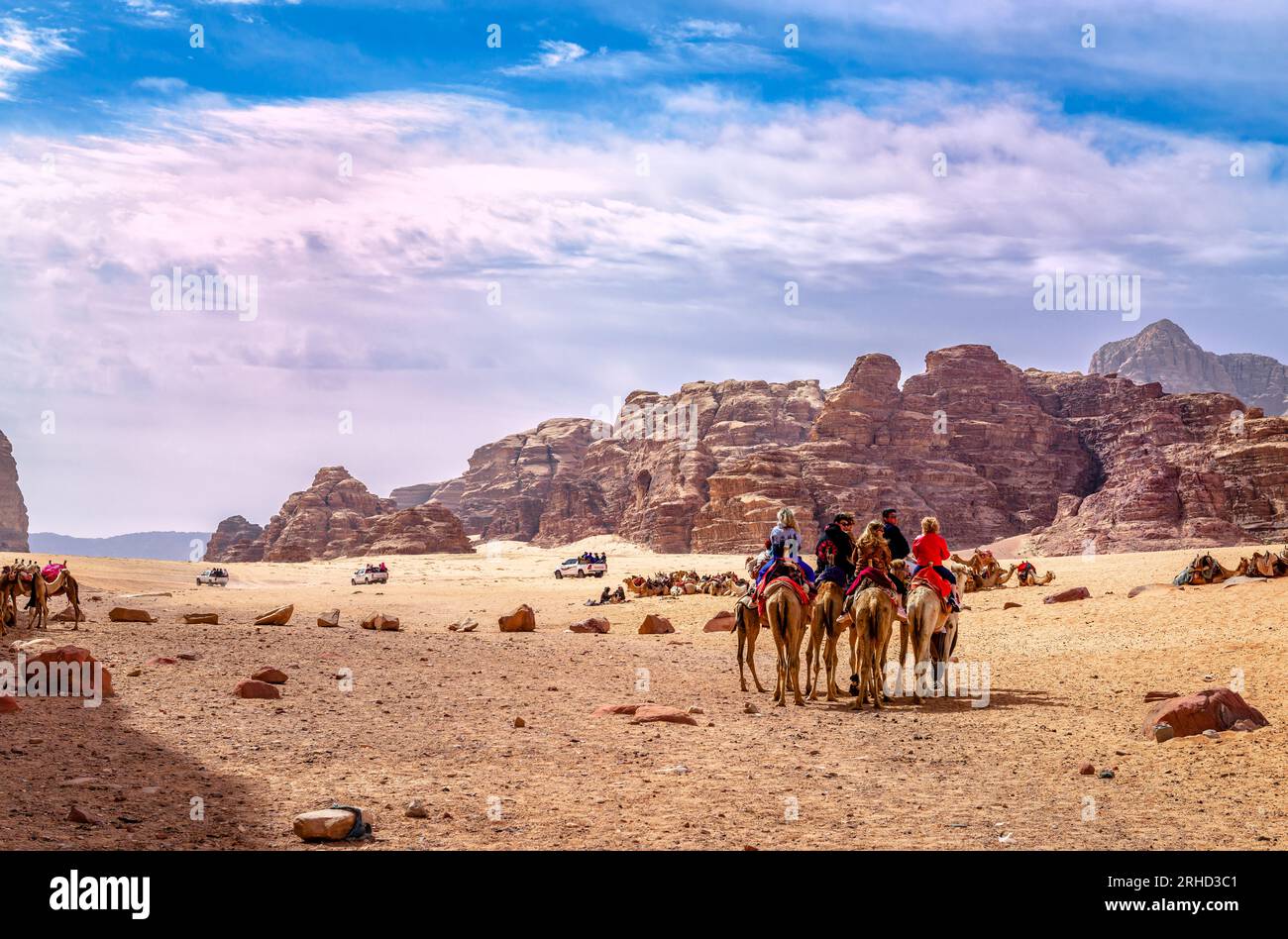 Wadi Rum, Jordanien - 15 2023. April: Touristen genießen einen Ritt mit Kamelen in der Wüste. Stockfoto