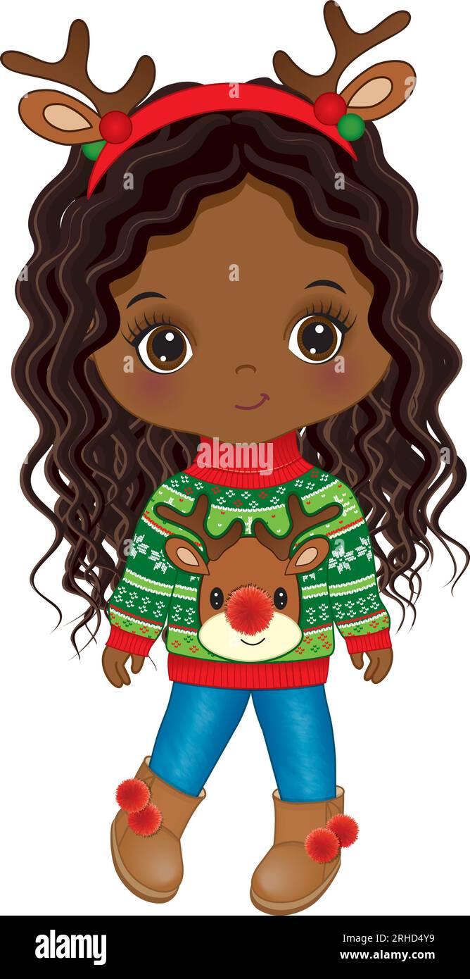 Vektorbild eines süßen Afro-Mädchens im Weihnachtspullover Stock Vektor