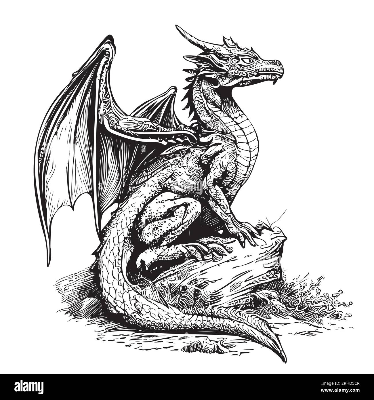 Drachen-Mystiker, der auf dem Stein sitzt, gezeichnet in Doodle-Style-Illustration Stock Vektor