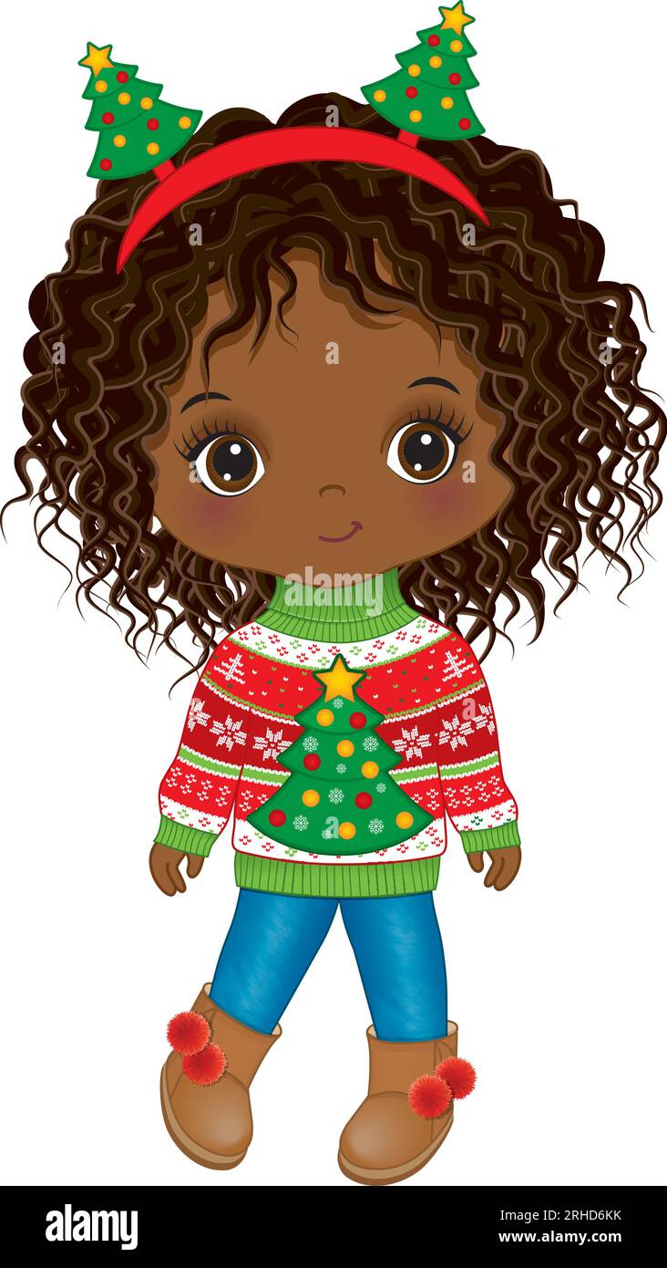 Vector Cartoon Süßes schwarzes Mädchen im Weihnachts-Sweater Stock Vektor