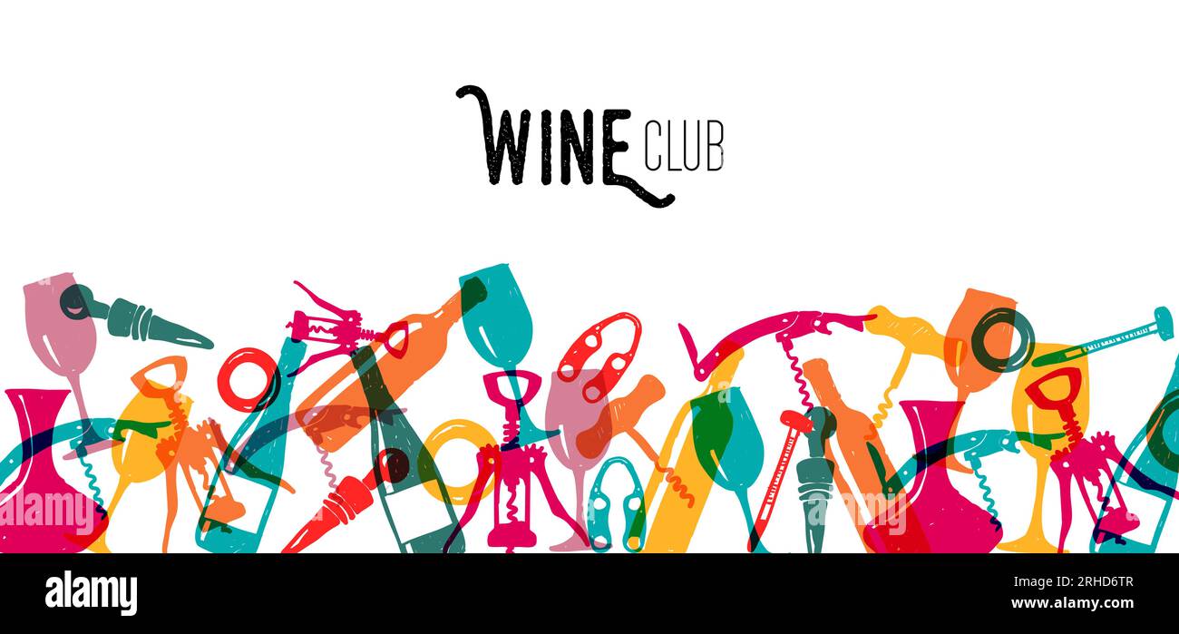 Mehrfarbiger Weinklub mit Doodle-Vektordesign. Farbenfrohe Küchenelemente auf isoliertem weißem Hintergrund. Für Tapeten, Dekorationen und Geschenkpapier. Stock Vektor