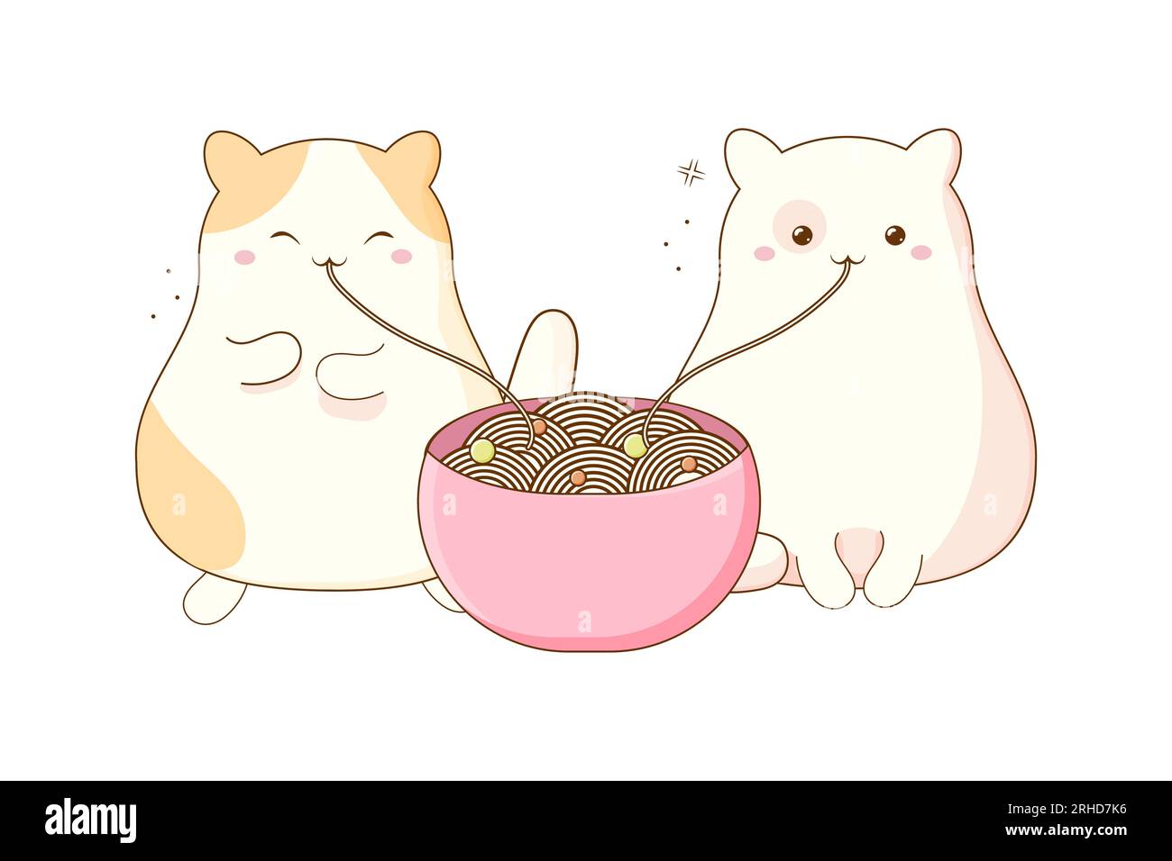 Süße Katzen, die chinesische koreanische Nudeln essen. Vektordarstellung isoliert auf weißem Hintergrund Stock Vektor