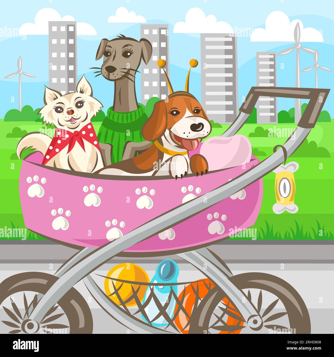 Drei Heimhunde im Kinderwagen beim Gehen im Park - Vektordarstellung Stock Vektor