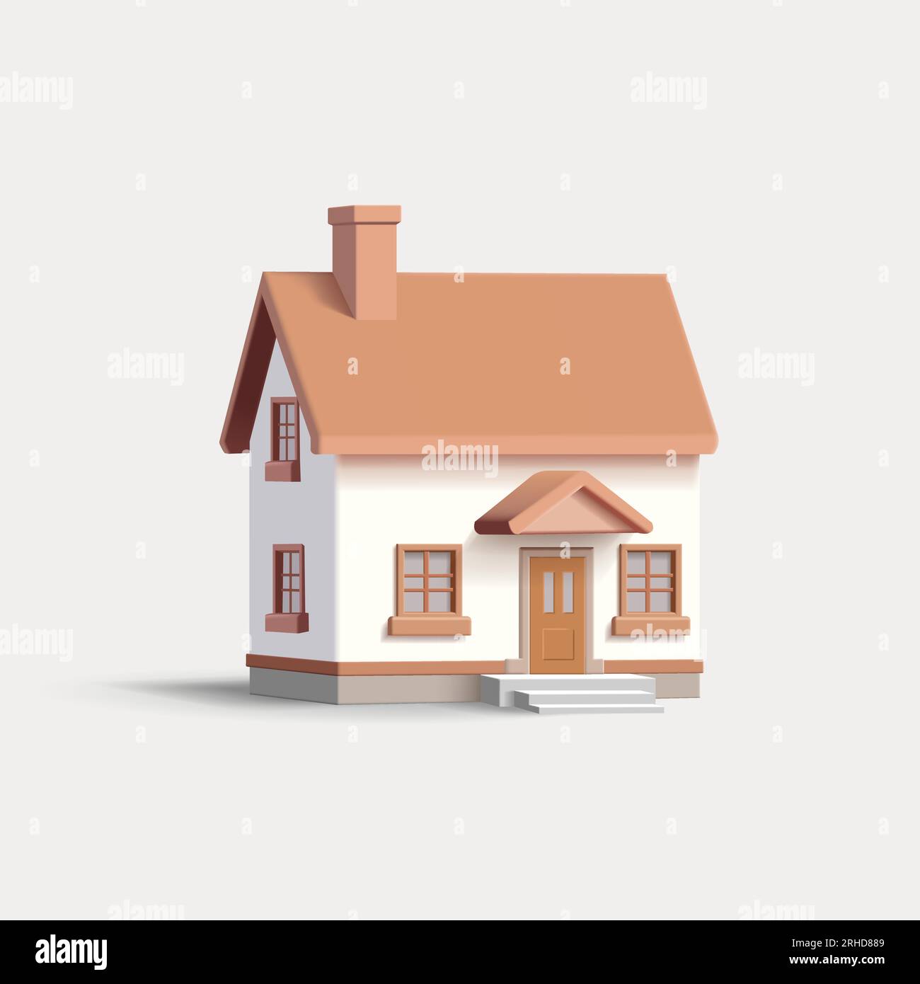 3D-Darstellung eines Einzelhauses, weiß mit braunem Dach, 2 Stockwerke, kleines Grundstück, isoliert Stock Vektor
