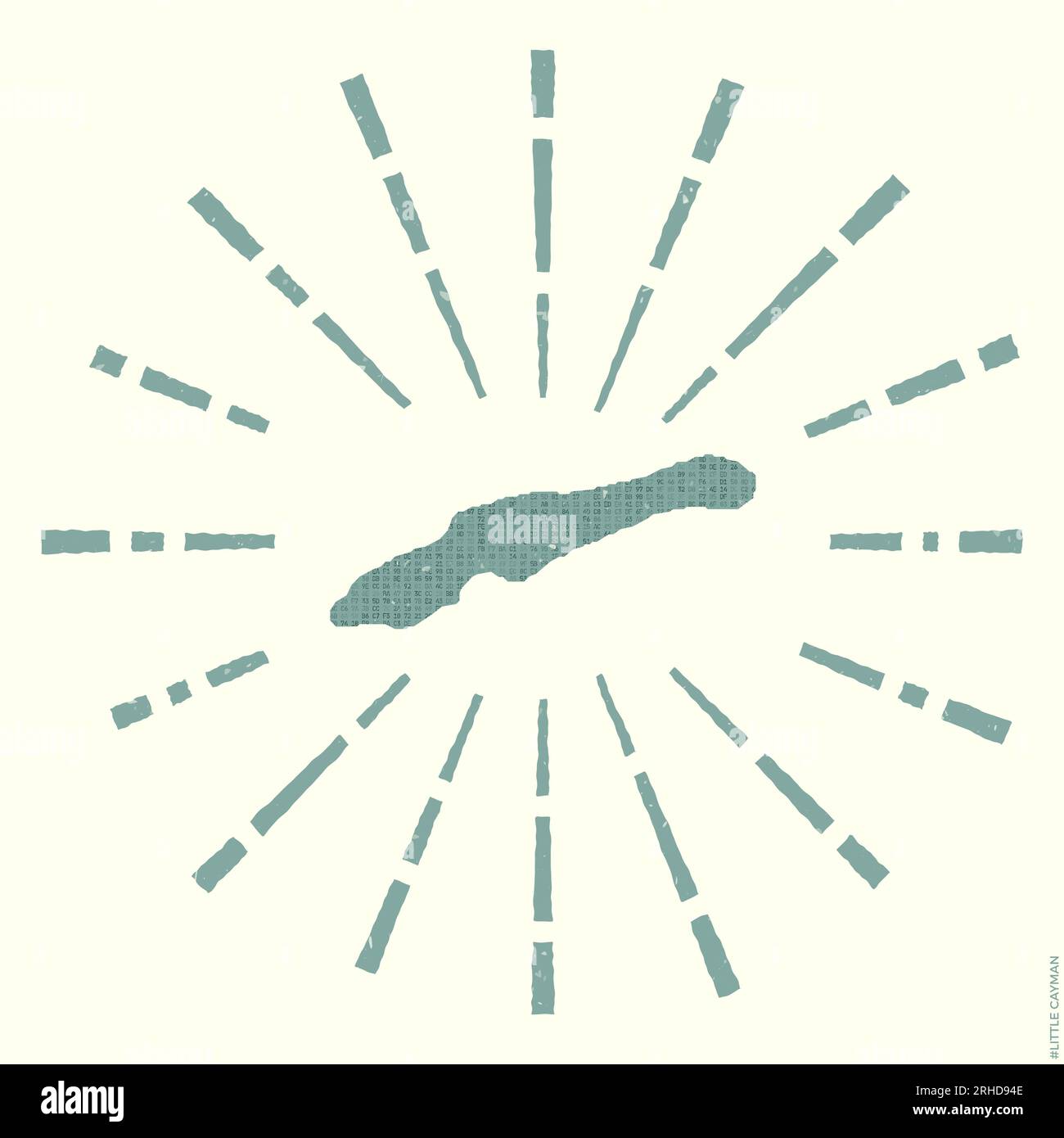 Little Cayman Logo. Grunge Sunburst Poster mit Karte der Insel. Die Form eines kleinen Kaimaniners, gefüllt mit Hexenzähnen, mit Sonnenstrahlen um sich herum. Künstlerisch vs Stock Vektor