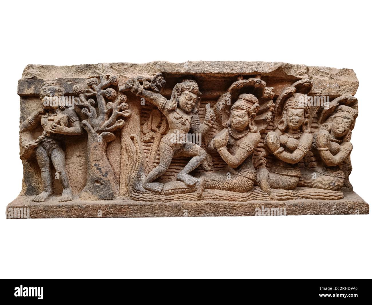 Krishna tanzte über dem gedemütigten Kāliya und seine Frauen, die Krishna um seine Gnade baten. Aus einer Bhagavata Purana. Bhubaneshwar, 7. Jahrhundert n. Chr. Stockfoto