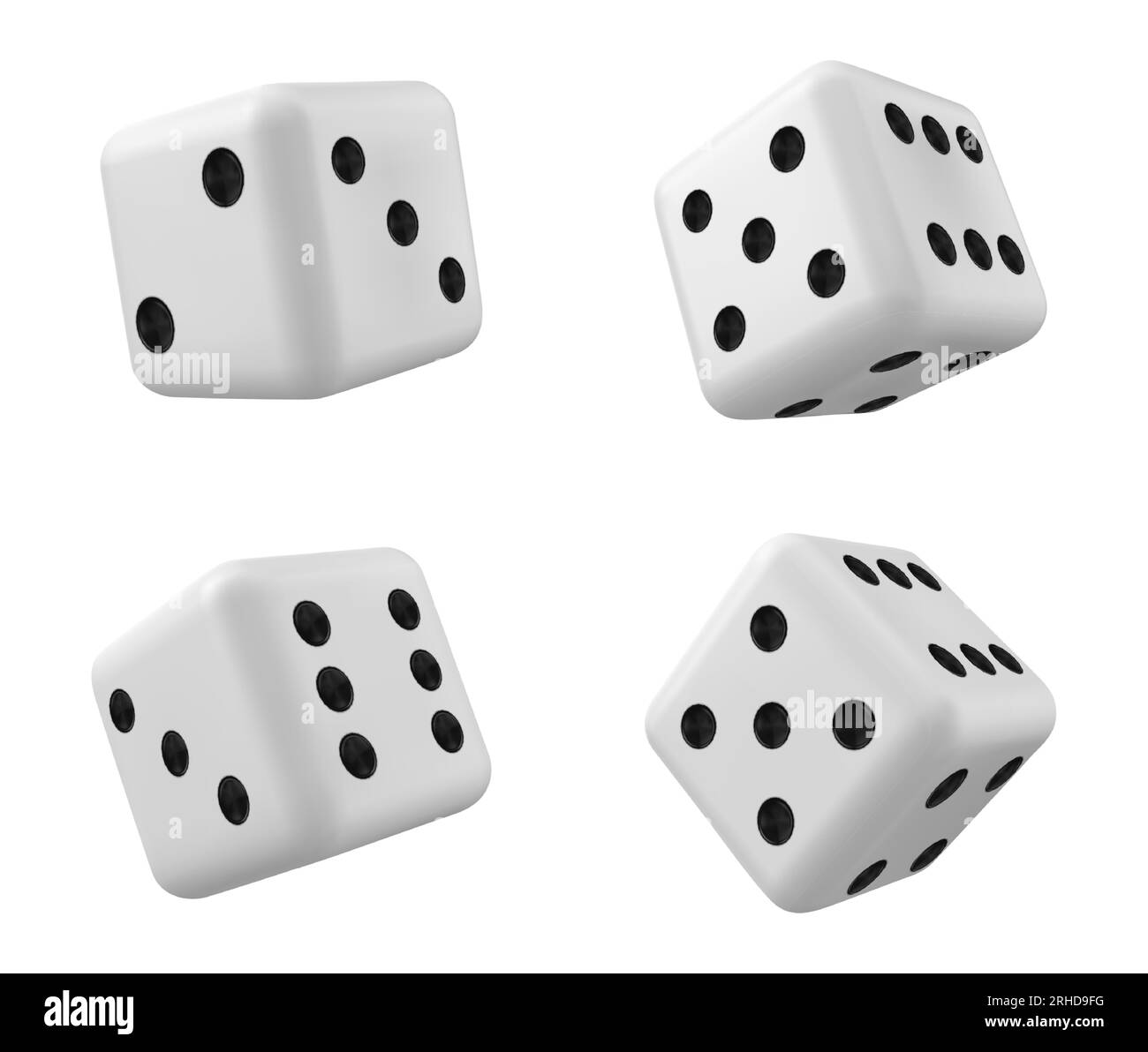 3D isolierte, realistische Würfel in Weiß für das Casino-Spiel-Vektorsymbol. Backgammon-Glückswürfelrolle mit 1, 6 oder zwei Punkten. Zufallsdrehung mit „Square Luck“ für Poker-Entertainment-Illustration Stock Vektor