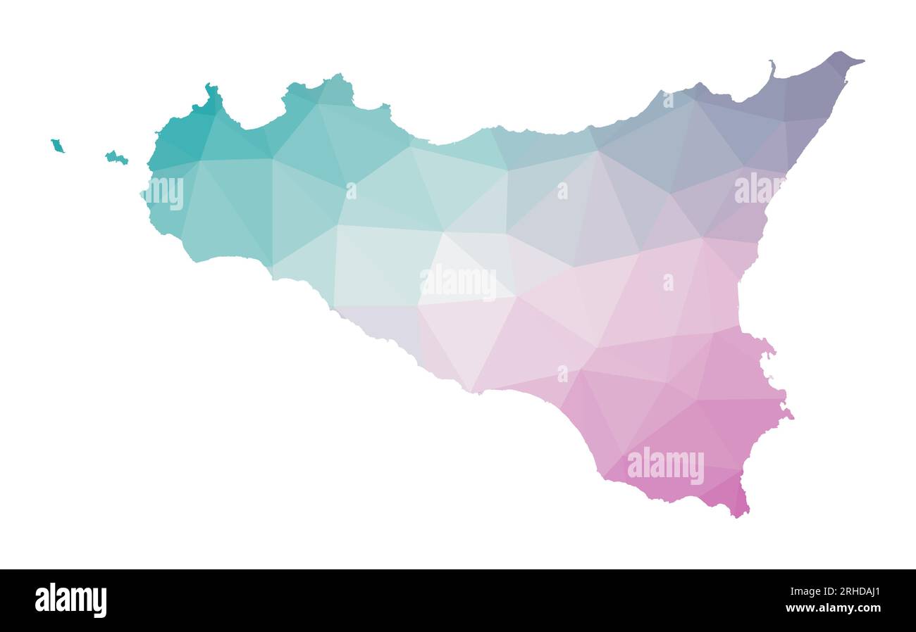 Polygonale Karte von Sizilien. Geometrische Darstellung der Insel in smaragdgrünen Amethystfarben. Sizilien Karte im Low Poly Stil. Stock Vektor