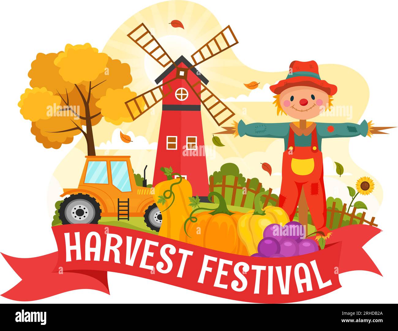 Happy Harvest Festival Vector Illustration der Herbstsaison Hintergrund mit Kürbissen, Ahornblättern, Obst oder Gemüse in Flat Cartoon Templates Stock Vektor