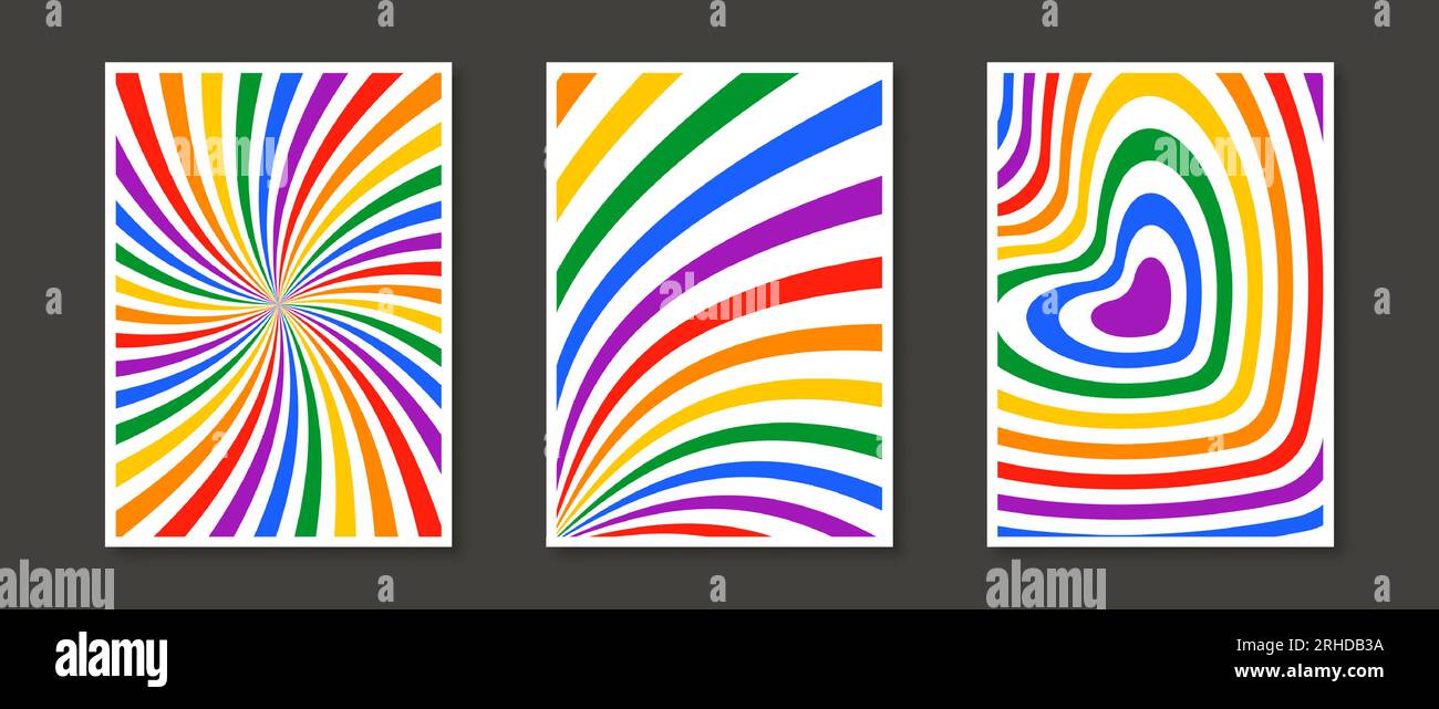 Design-Set mit Regenbogensonnenmuster und Herzmuster. Abstrakte, farbenfrohe Plakatkollektion. Geometrische psychedelische Tapetenpackung. Pride Month- und lgbt-Konzeptvorlagen. Vektorillustration Stock Vektor