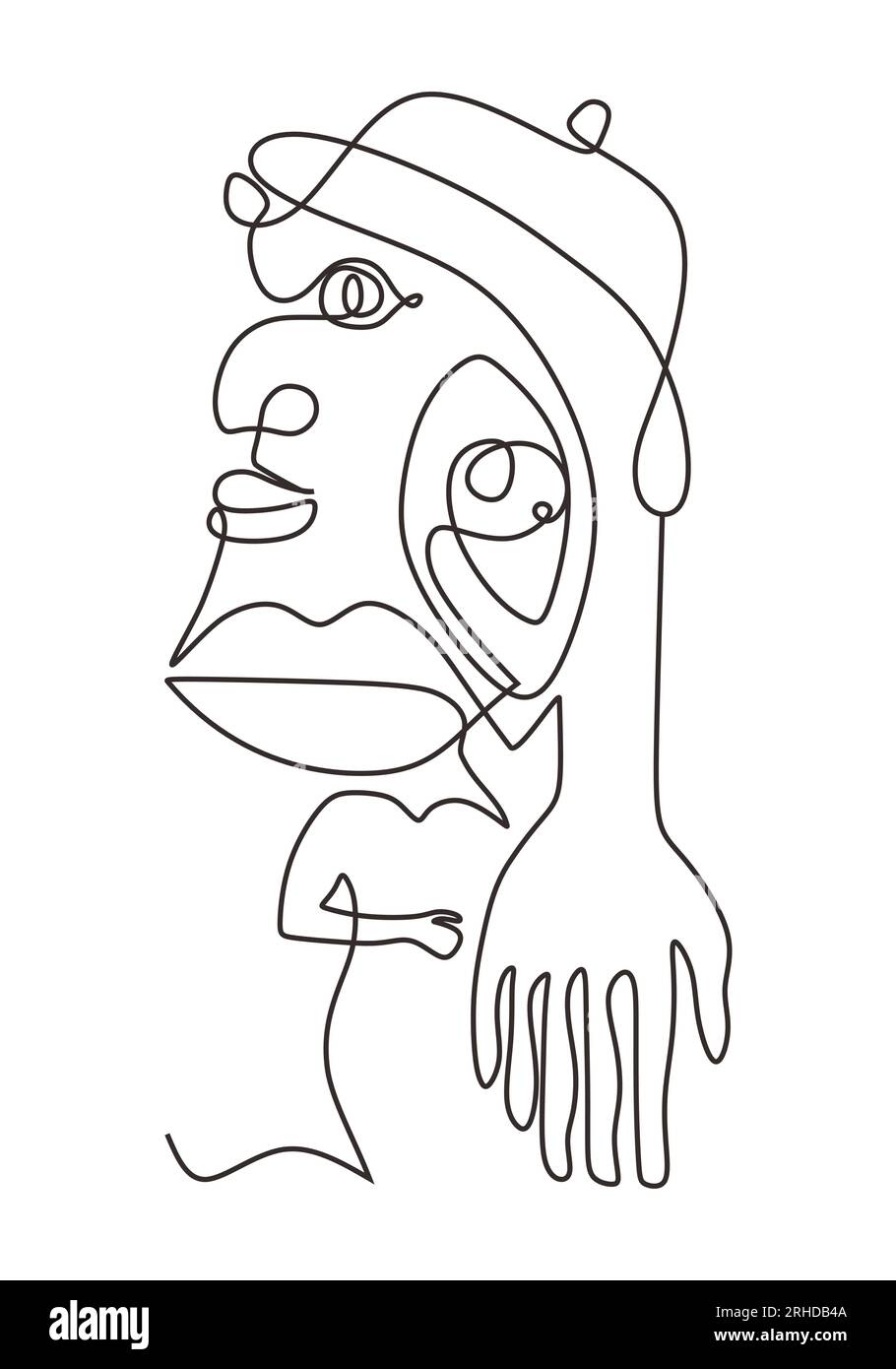 Picasso einzeiliger Zeichnungsstil. Abstraktes Gesicht zeitgenössische Kunst Minimalismus Vektordarstellung. Minimalistischer Posterdruck. Stock Vektor