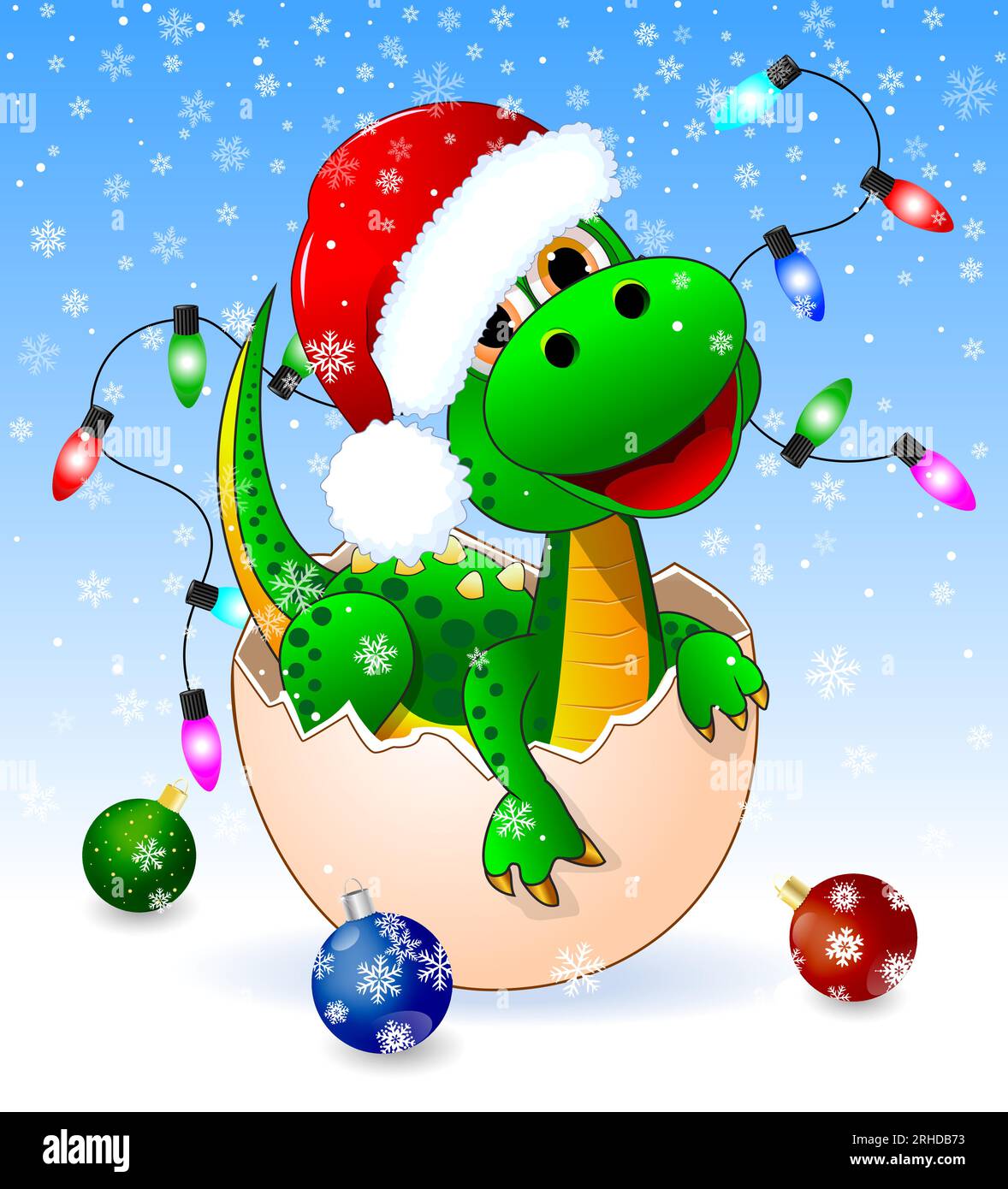 Süßer kleiner fröhlicher grüner Dinosaurier mit Weihnachtsdekoration und Weihnachtsmann-Hut in einer verschneiten Winterlandschaft. Stock Vektor