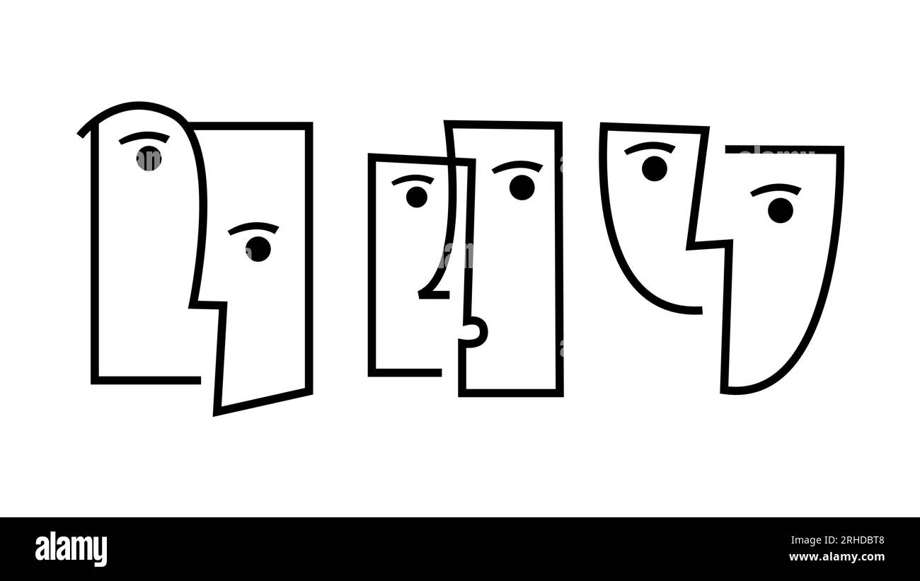 Kubistisches Gesicht isoliert auf weißem Hintergrund mit einzeiliger Darstellung. Stock Vektor