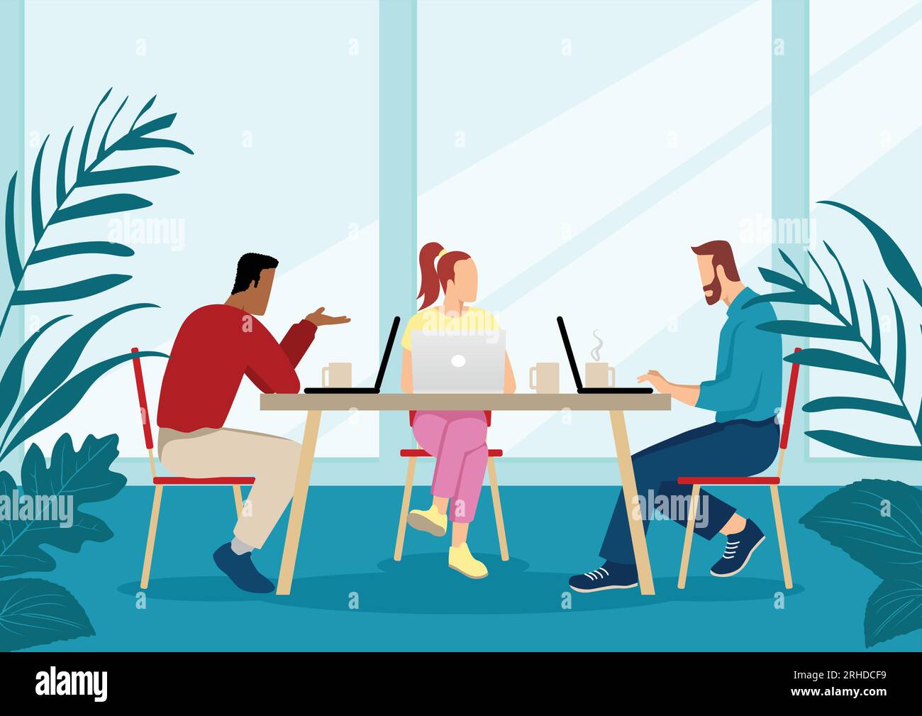 Business Vektor Illustration einer Gruppe von jungen Menschen in Legere Kleidung, die zusammenarbeitet Stock Vektor