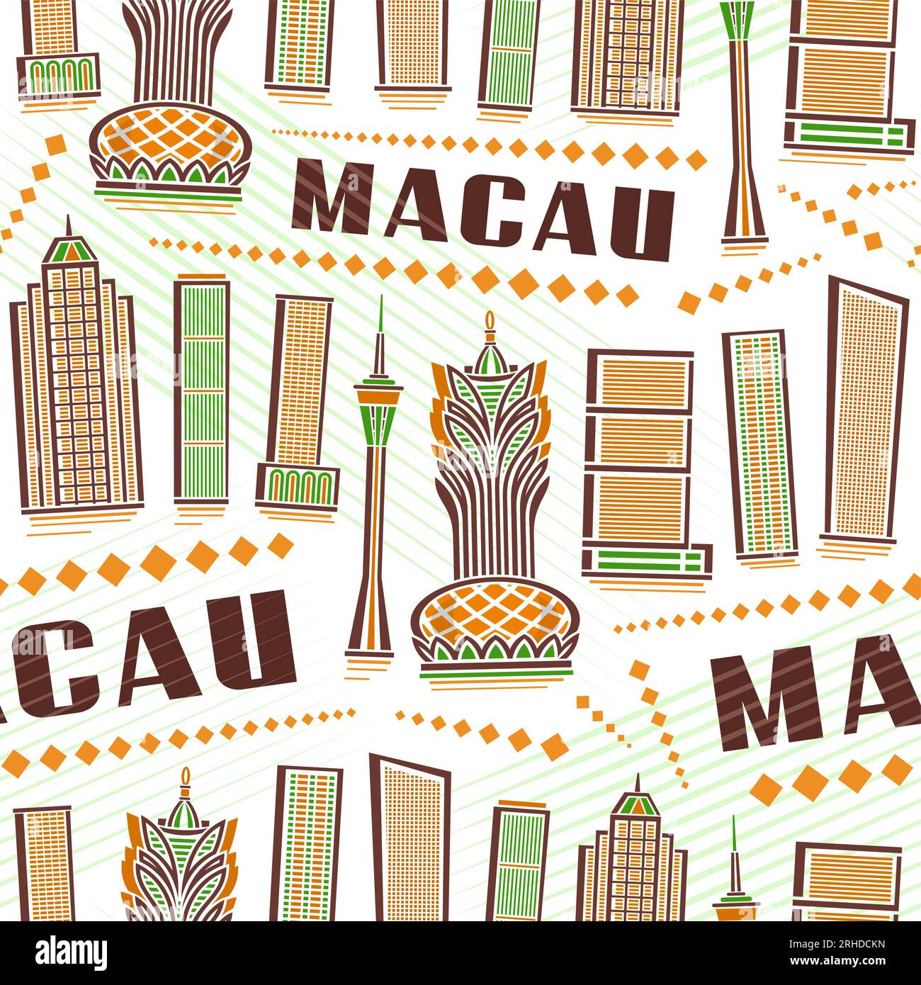 Vector Macau Nahtloses Muster, quadratischer, sich wiederholender Hintergrund mit Illustration der berühmten Stadtlandschaft von macau auf weißem Hintergrund für Geschenkpapier, Dekor Stock Vektor