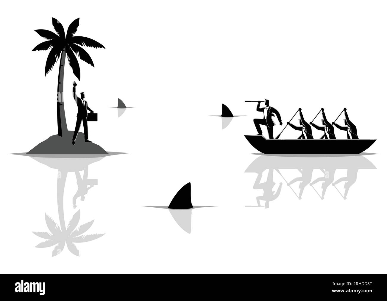 Business-Konzept Vektor-Illustration eines Geschäftsmannes stecken auf Insel mit Wasser voller Haie, und Geschäftsleute auf dem Boot versuchen, ihn zu retten Stock Vektor