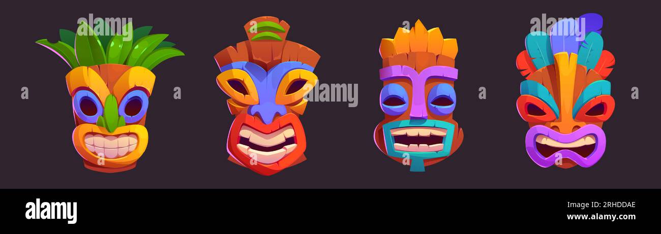 Tiki-Masken mit einem zahnärztlichen Lächeln - Cartoon-Vektorbilder aus bunten traditionellen hölzernen Totems. Bilder von Gottheiten der hawaiianischen und polynesischen Kultur, dekoriert mit Blättern und Federn. Stock Vektor