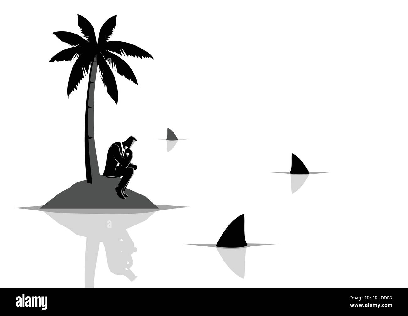 Business Concept Vektor Illustration eines Geschäftsmannes stecken auf der Insel mit Wasser voller Haie, Geschäft, Finanzkrise, Frustration, Kadaway Stock Vektor