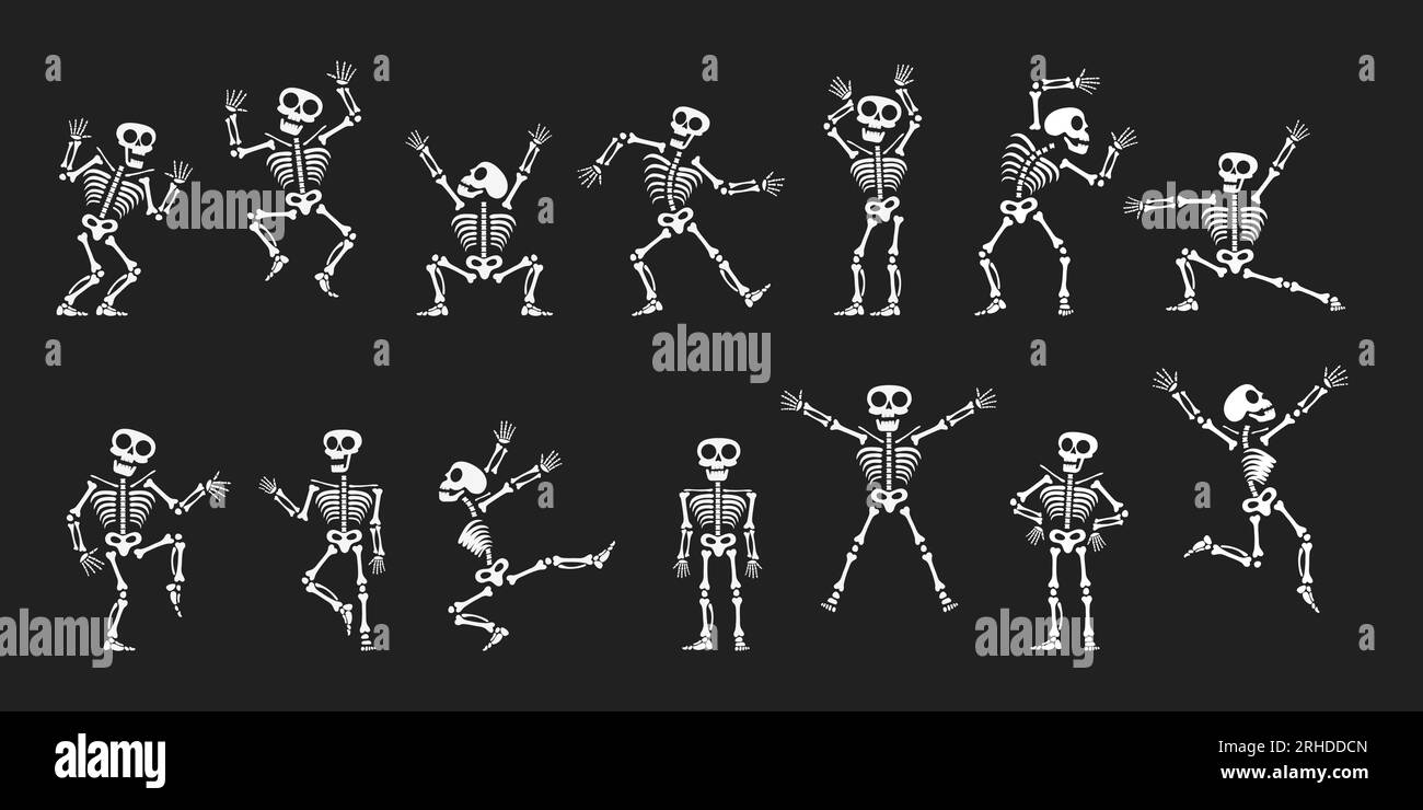 Skelette tanzen mit verschiedenen Positionen flaches Design Vektorbildungs-Set. Lustiger Tanz Halloween oder Day of the Dead Skeletons Sammlung. Stock Vektor