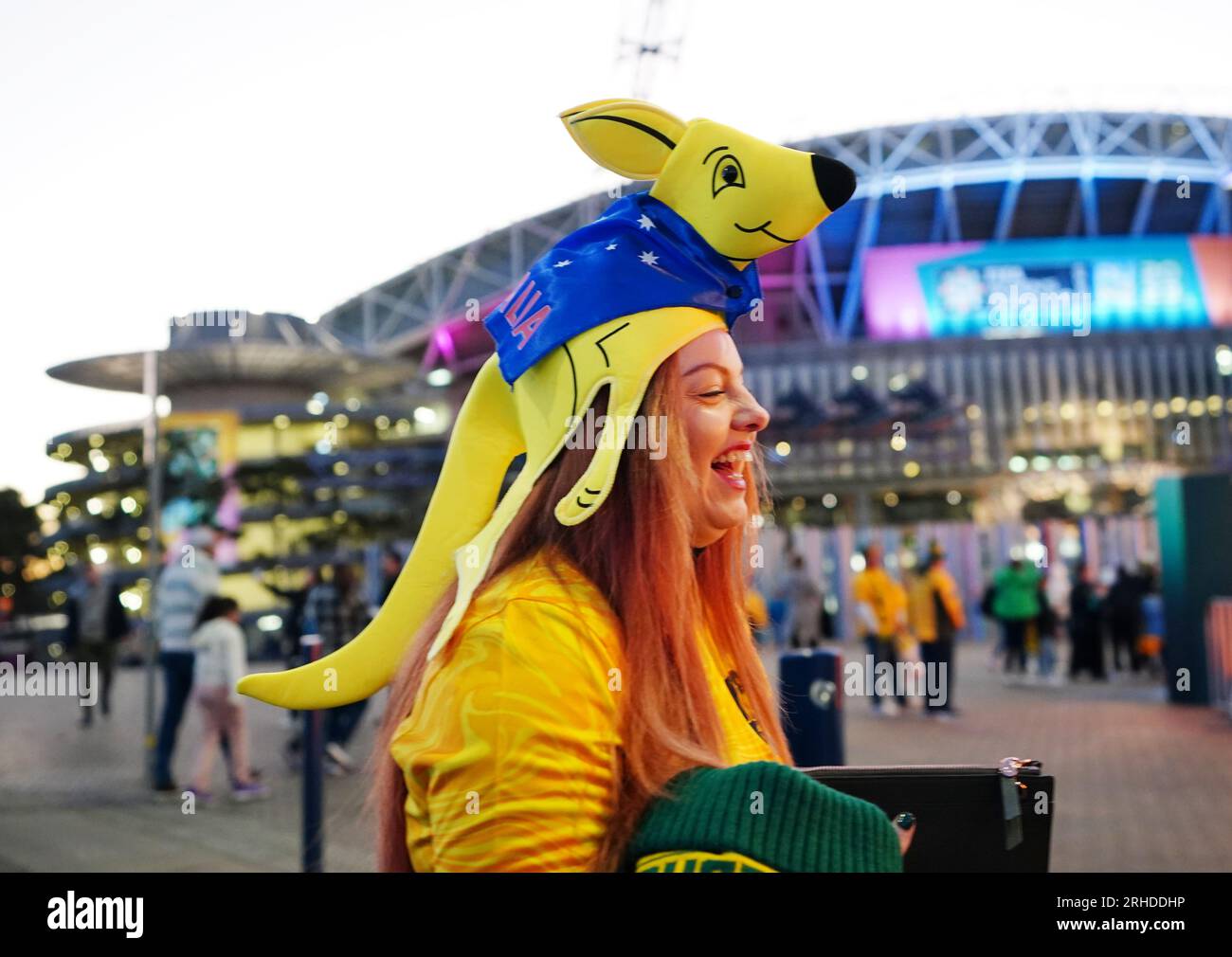 Ein australischer Fan vor dem Halbfinalspiel der FIFA Women's World Cup im Stadium Australia, Sydney. Bilddatum: Mittwoch, 16. August 2023. Stockfoto