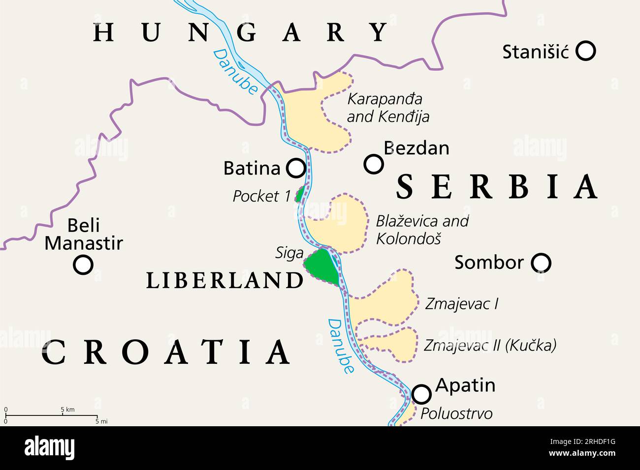 Liberland, politische Karte. Freie Republik Liberland, unerkannte Mikronation in Europa, behauptet Siga, ein umstrittenes Land zwischen Kroatien und Serbien. Stockfoto