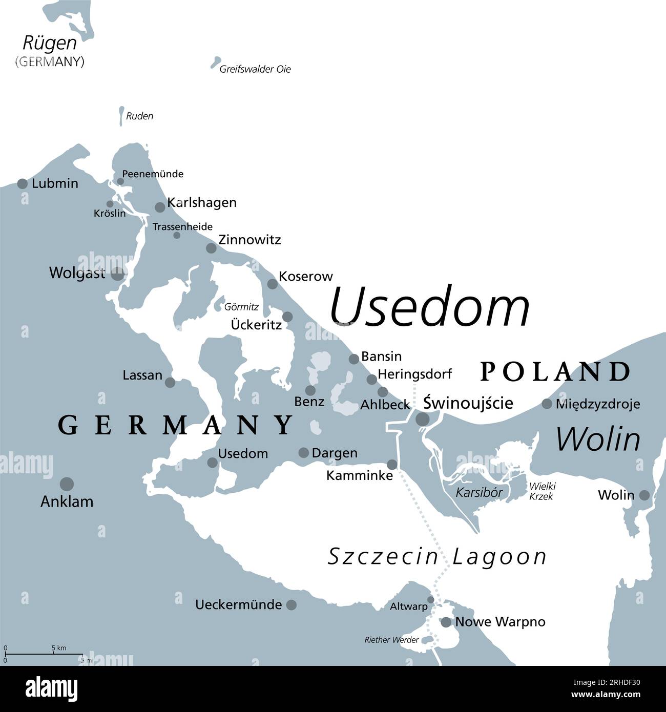 Usedom, Ostseeinsel in Pommern, graue politische Karte. Der Spitzname Sun Island, die sonnigste und bevölkerungsreichste Insel der Ostsee. Stockfoto