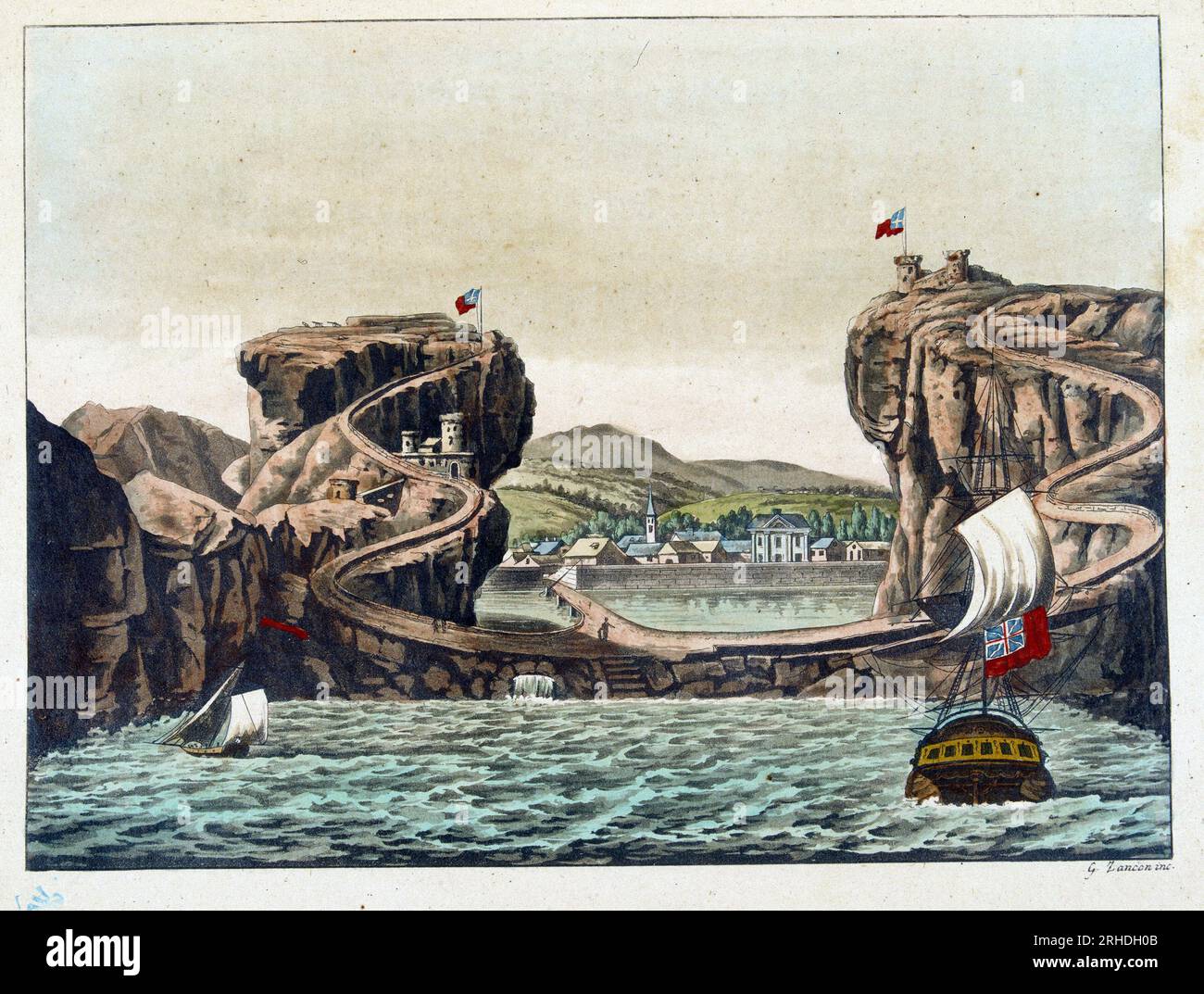 Vue de l'Ile de Sainte Helene - in 'Le Costume ancien et Moderne' par le docteur Jules Ferrario, 1819-20 Stockfoto