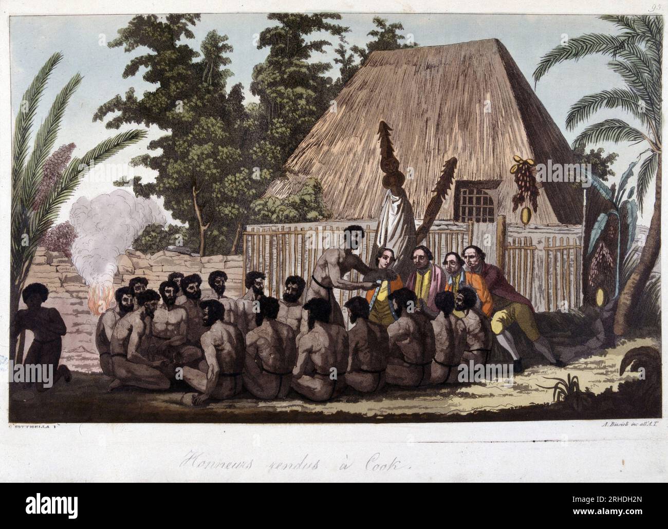 Reception du capitaine Cook aux îles Sandwich (Hawai) - in 'Le Costume ancien et Moderne' par le docteur Jules Ferrario, 1819-20 Stockfoto