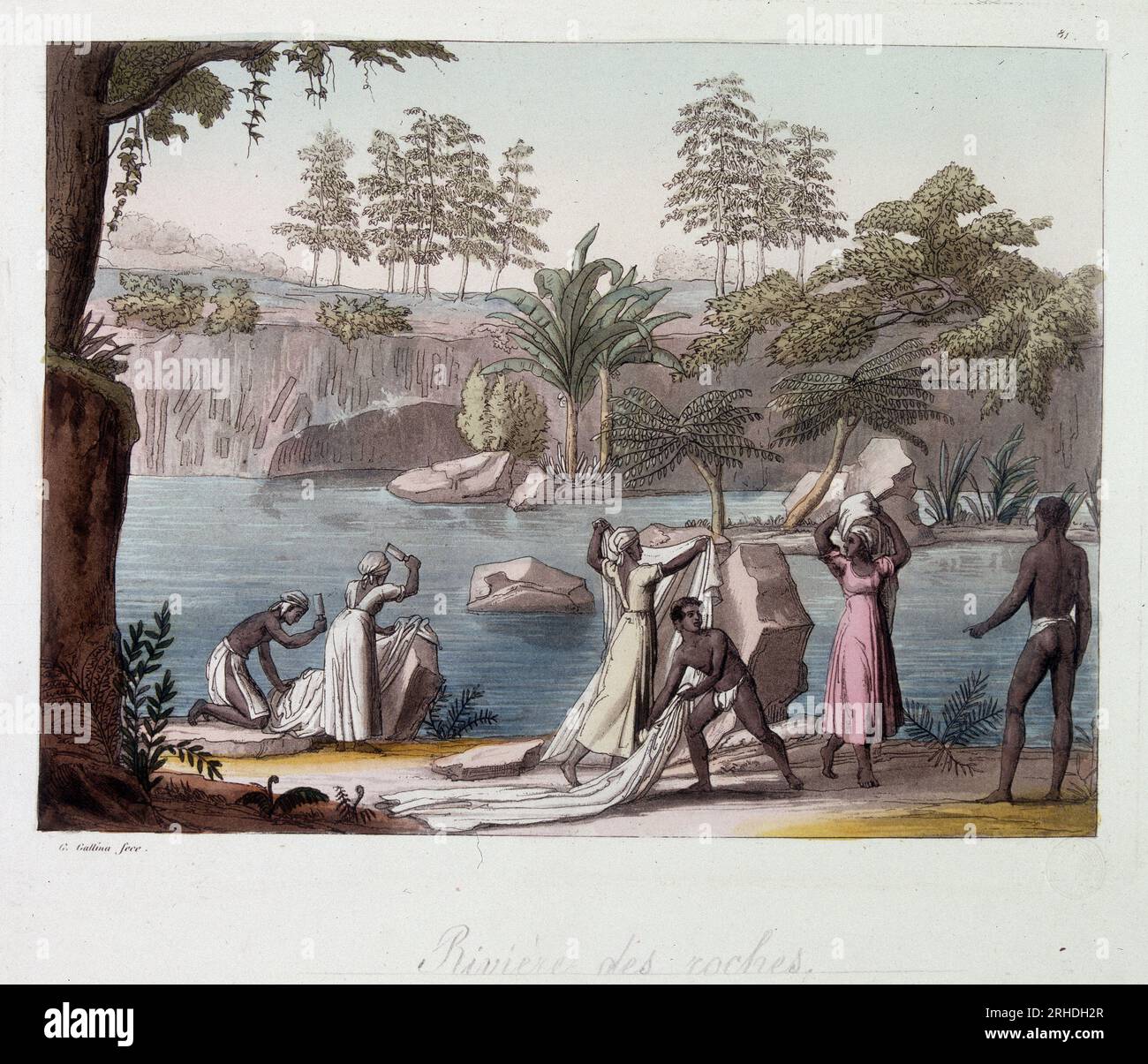 Lavandieres sur la riviere des Roches aux iles Mascareignes (ile de la Réunion)- in 'Le Costume Ancien et Moderne', 1819-20, par le docteur Jules Ferrario, Ausgabe Mailand. Stockfoto