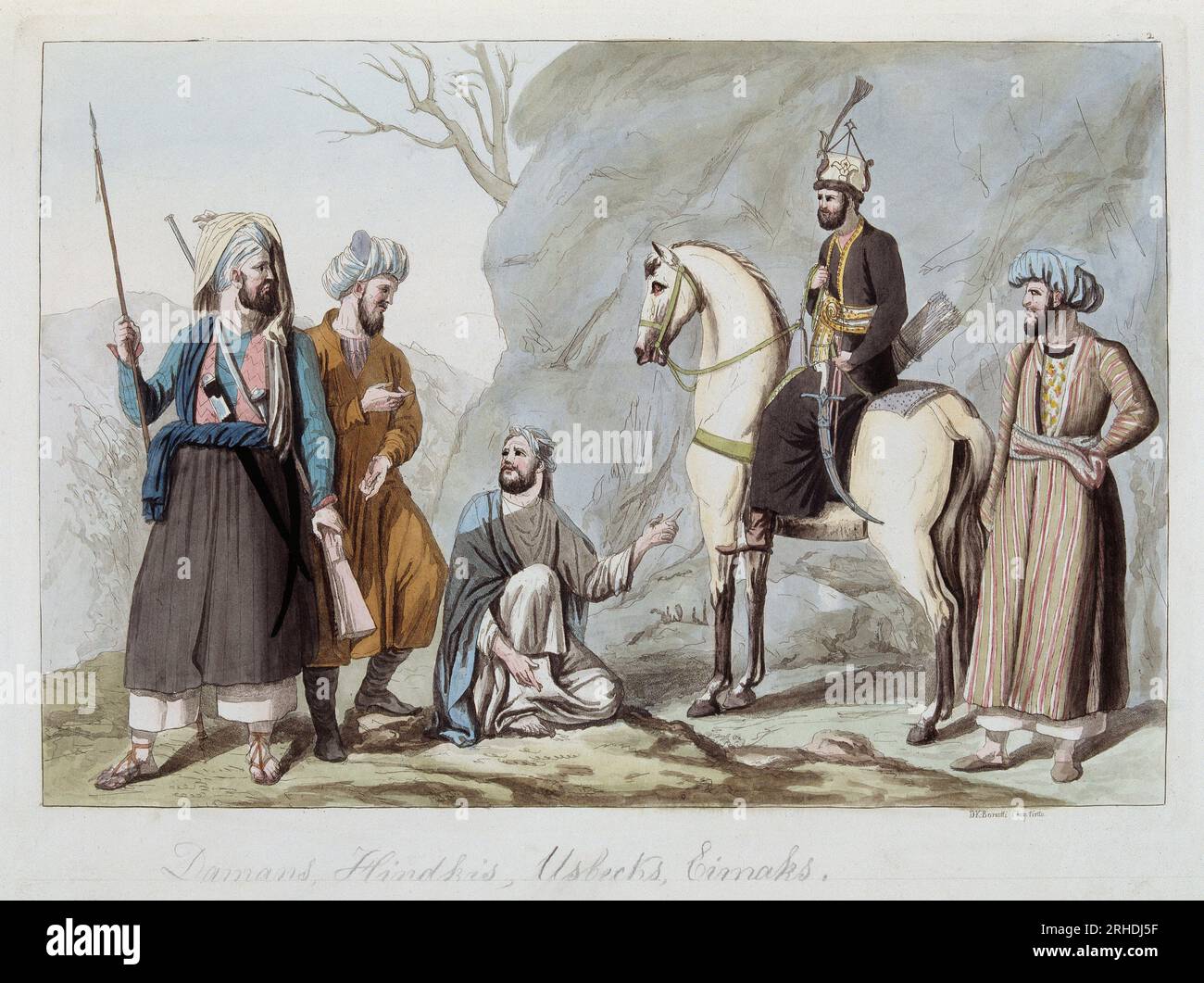 Damans, Hindkis, Ouzbeks et Eimaks d'Afghanistan - in "Le costume ancien et modern", wie Ferrario, 1819-20 Stockfoto