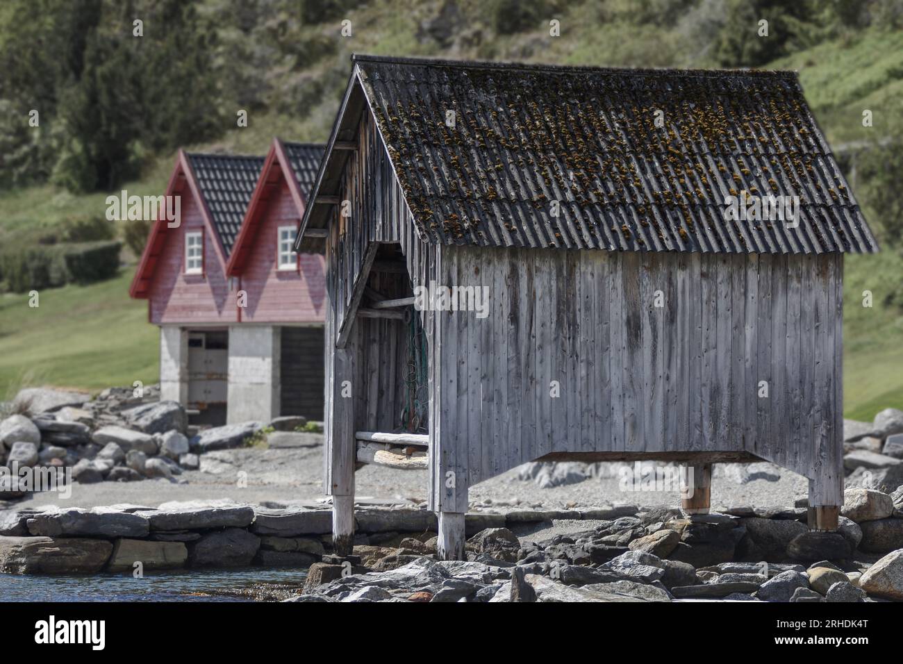Boathouses auf der norwegischen Insel Ombo Stockfoto