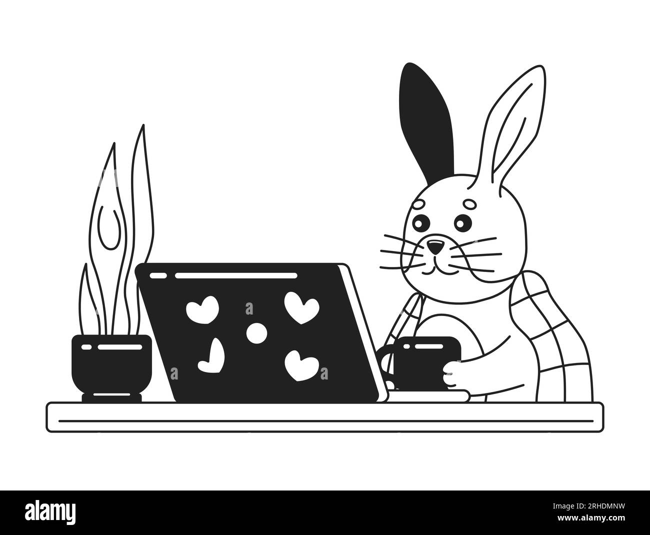 Mit einer Decke bedeckter Hase neben dem Laptop schwarz-weiß süße, kühle Lo-Fi Tapete Stock Vektor