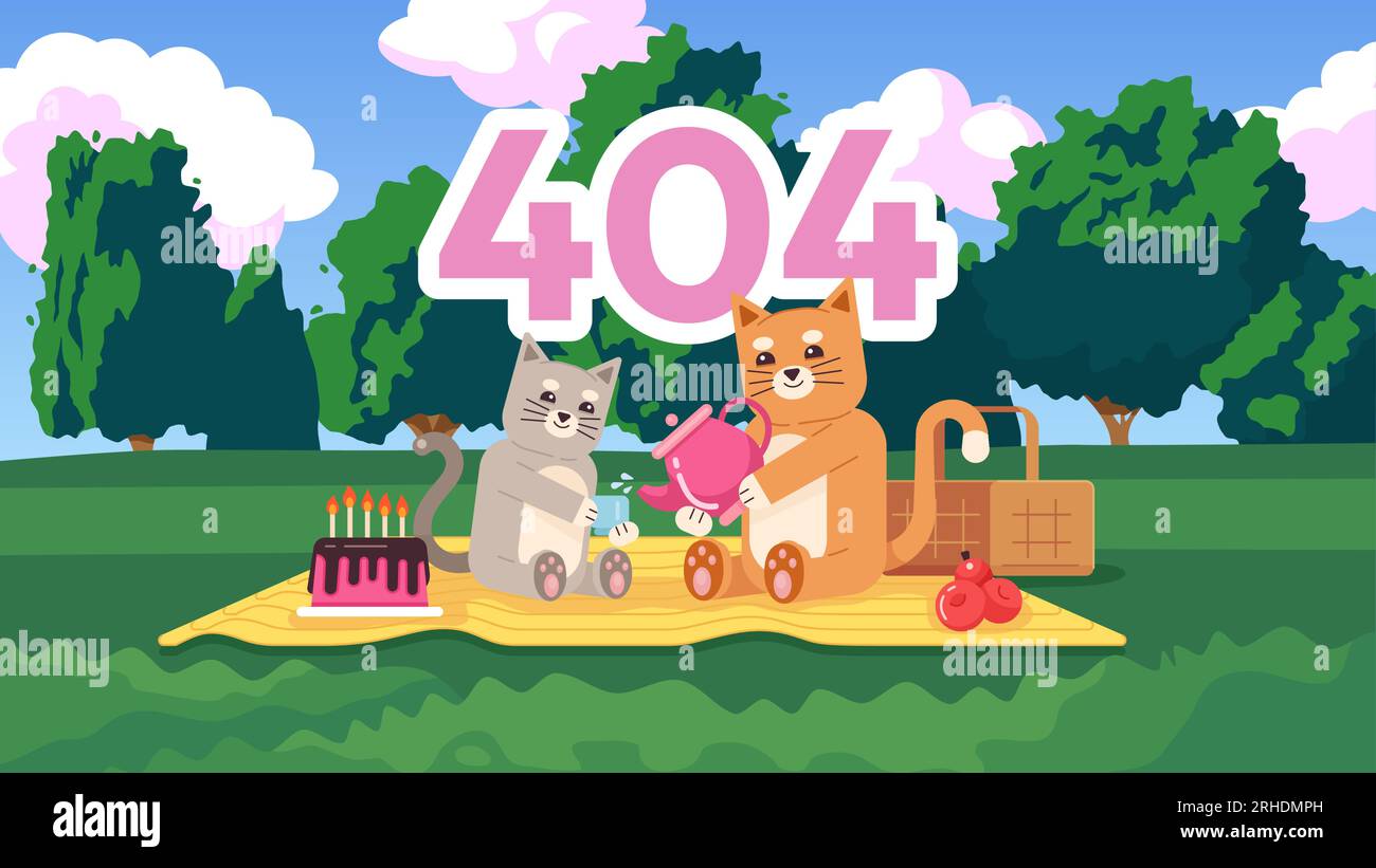 Kätzchen im Picknick niedlich chill Lo Fi Hintergrundfehler 404 Flash-Meldung Stock Vektor