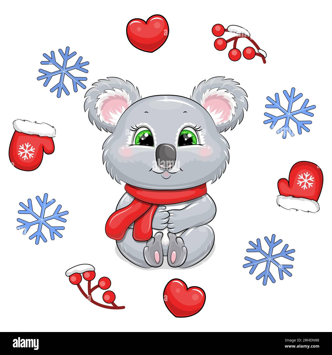 Süßer Cartoon-Koala mit rotem Schal in einem Winterrahmen. Vektordarstellung eines Tieres mit Herzen, Fäustlingen, Beeren, Schneeflocken. Stock Vektor