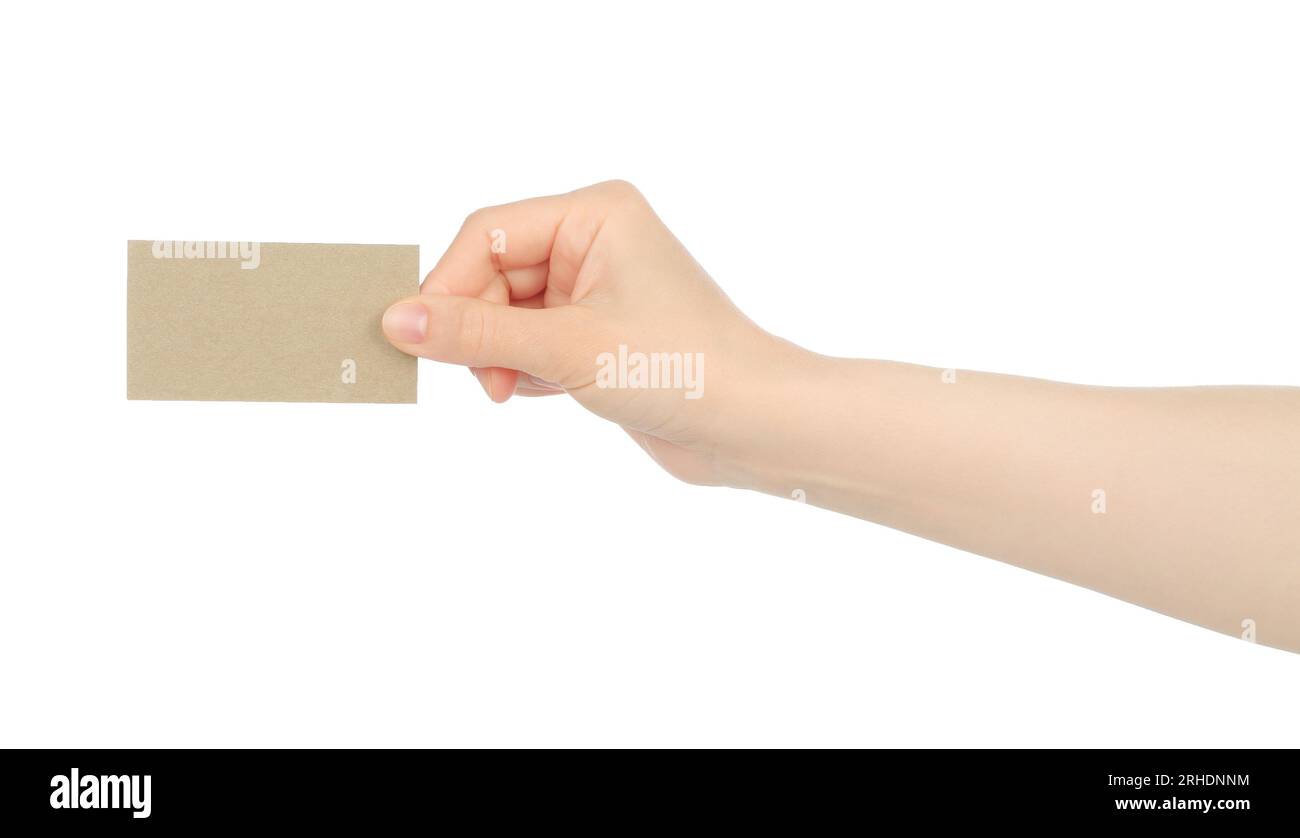 Die Hand hält eine leere Visitenkarte auf weißem Hintergrund in Nahaufnahmen Stockfoto