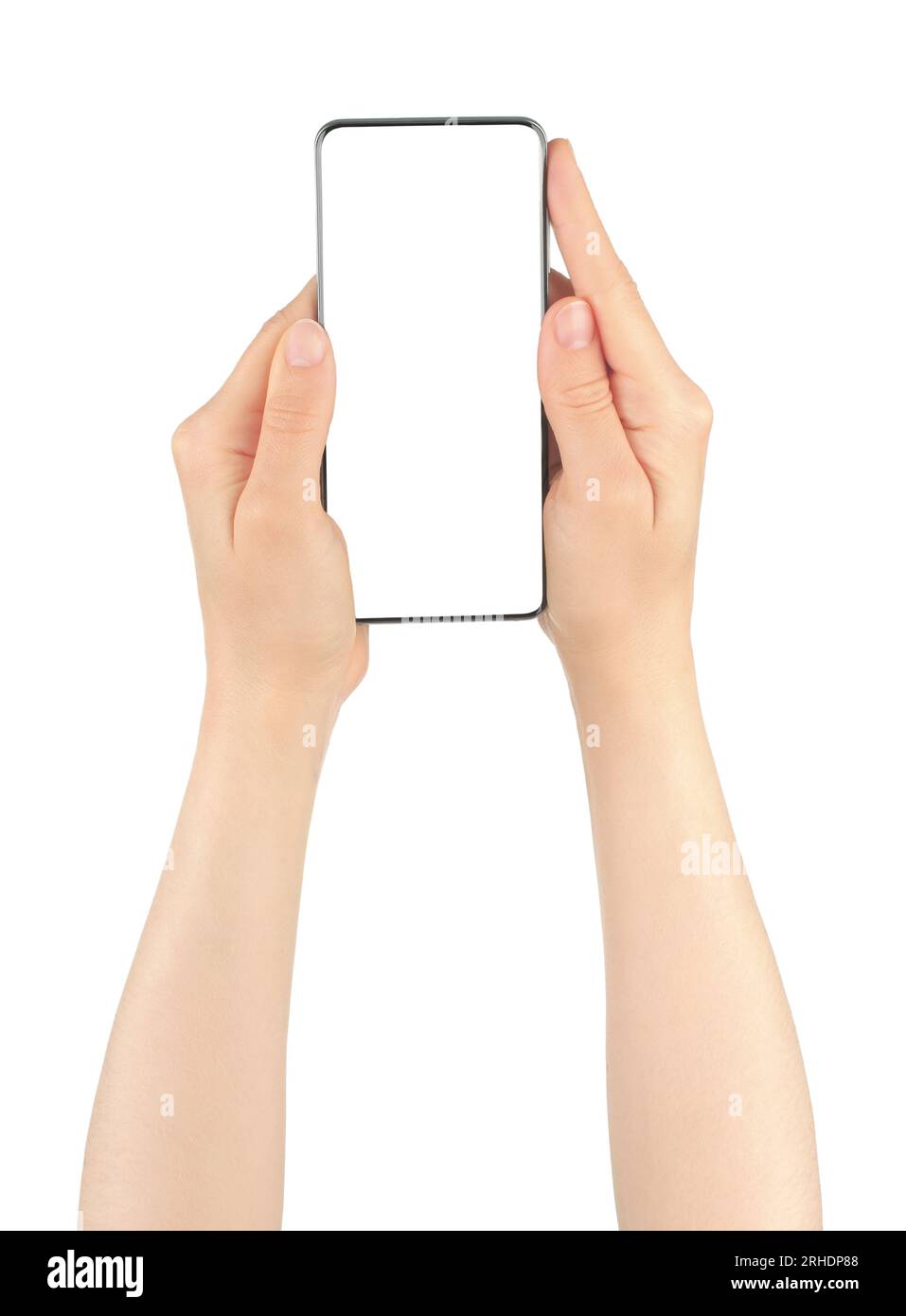 Hände halten modernes Smartphone, isoliert auf weißem Hintergrund Nahaufnahme Stockfoto