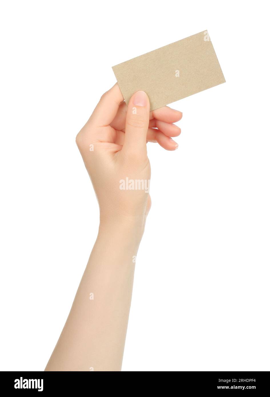 Die Hand hält eine leere Visitenkarte auf weißem Hintergrund in Nahaufnahmen Stockfoto