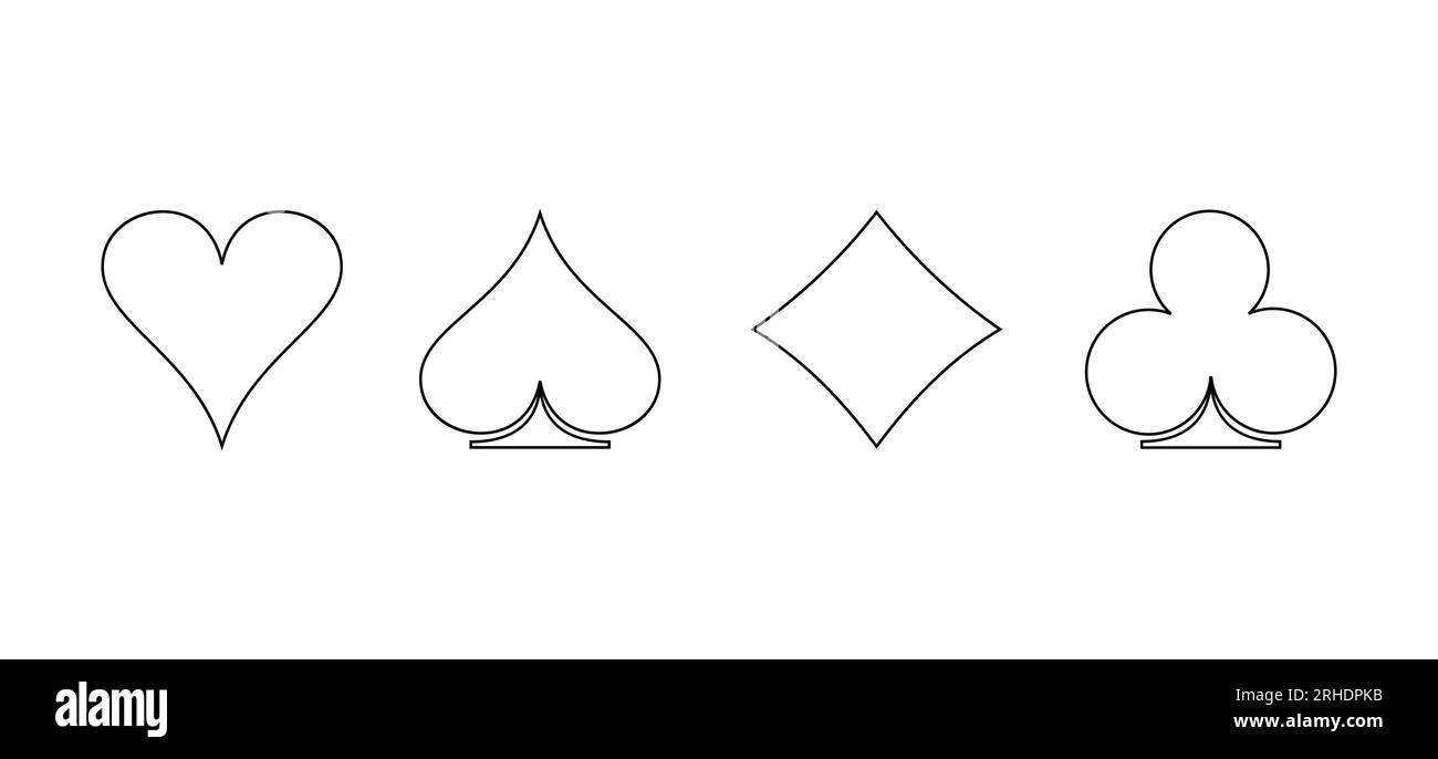 Poker-Karten passen zu Symbolen – Pik-Herzen, Diamanten und Schläger. Blackjack-Kartensymbole isoliert auf weißem Hintergrund. Spielkarte. Stock Vektor