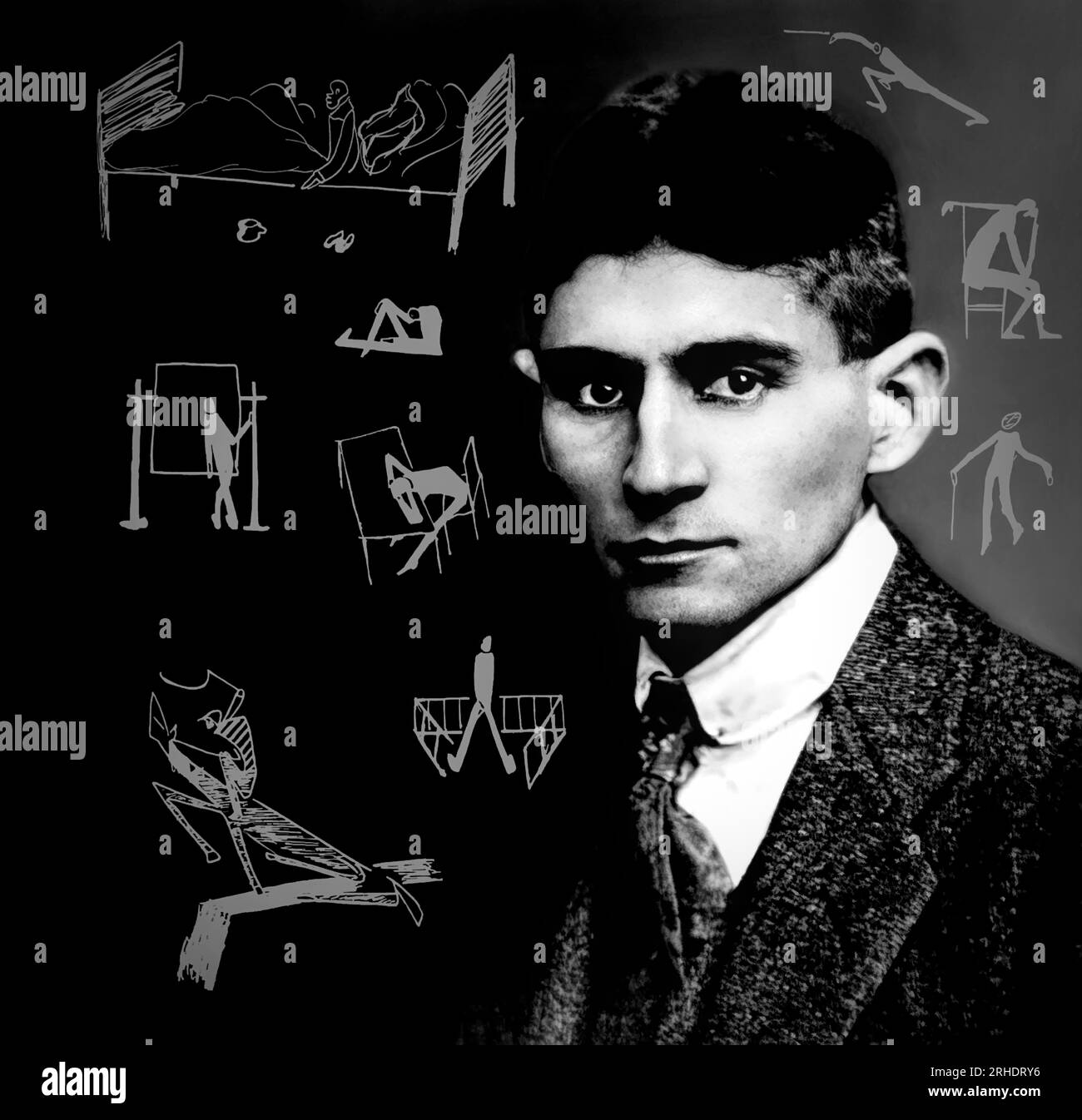 Porträt und eine Zeichnung von Franz Kafka, deutschsprachigem böhmischen Schriftsteller, digital bearbeitet nach einem Foto Stockfoto