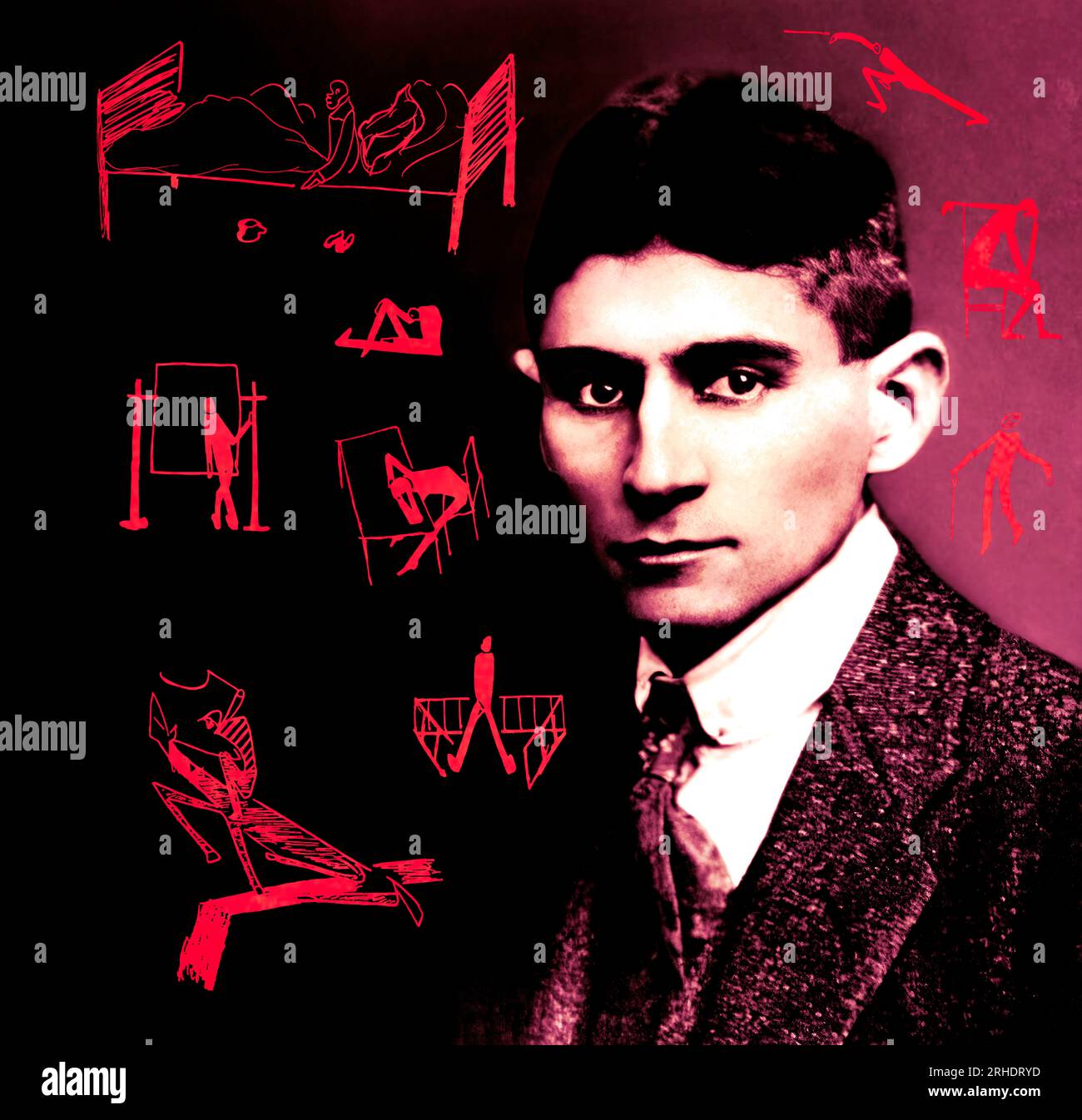 Porträt und eine Zeichnung von Franz Kafka, deutschsprachigem böhmischen Schriftsteller, digital bearbeitet nach einem Foto Stockfoto